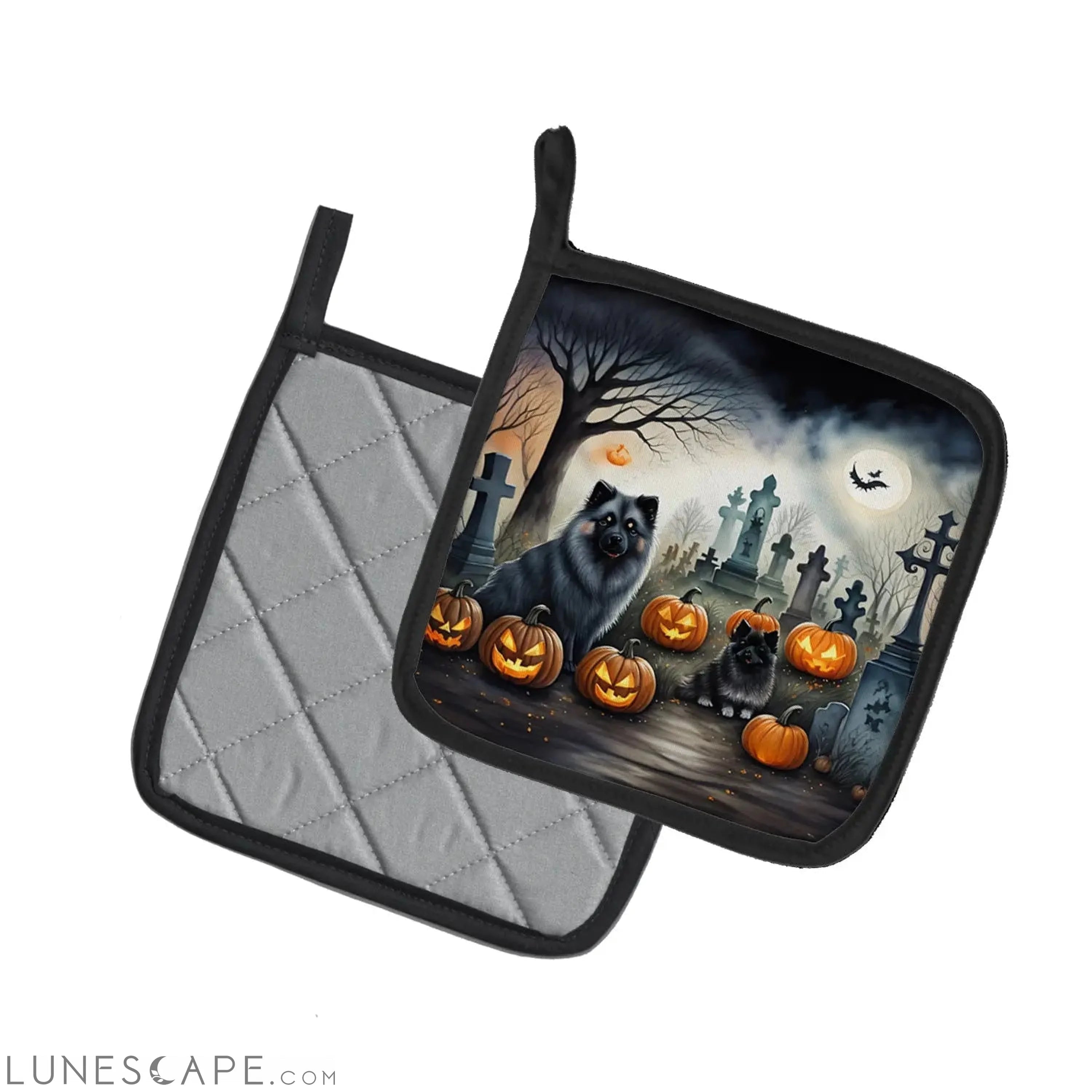 Keeshond Spooky Halloween Pair of Pot Holders LUNESCAPE