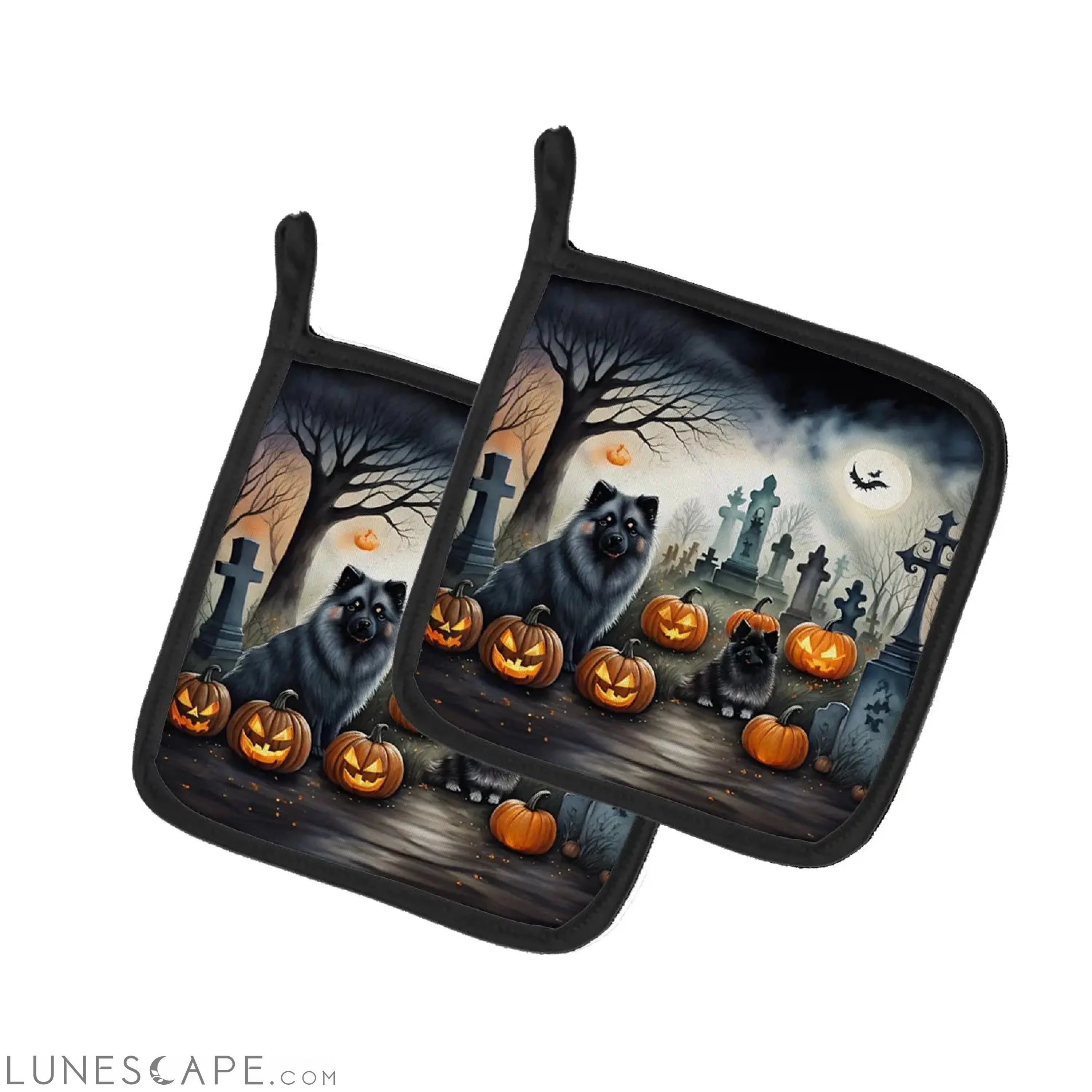 Keeshond Spooky Halloween Pair of Pot Holders LUNESCAPE