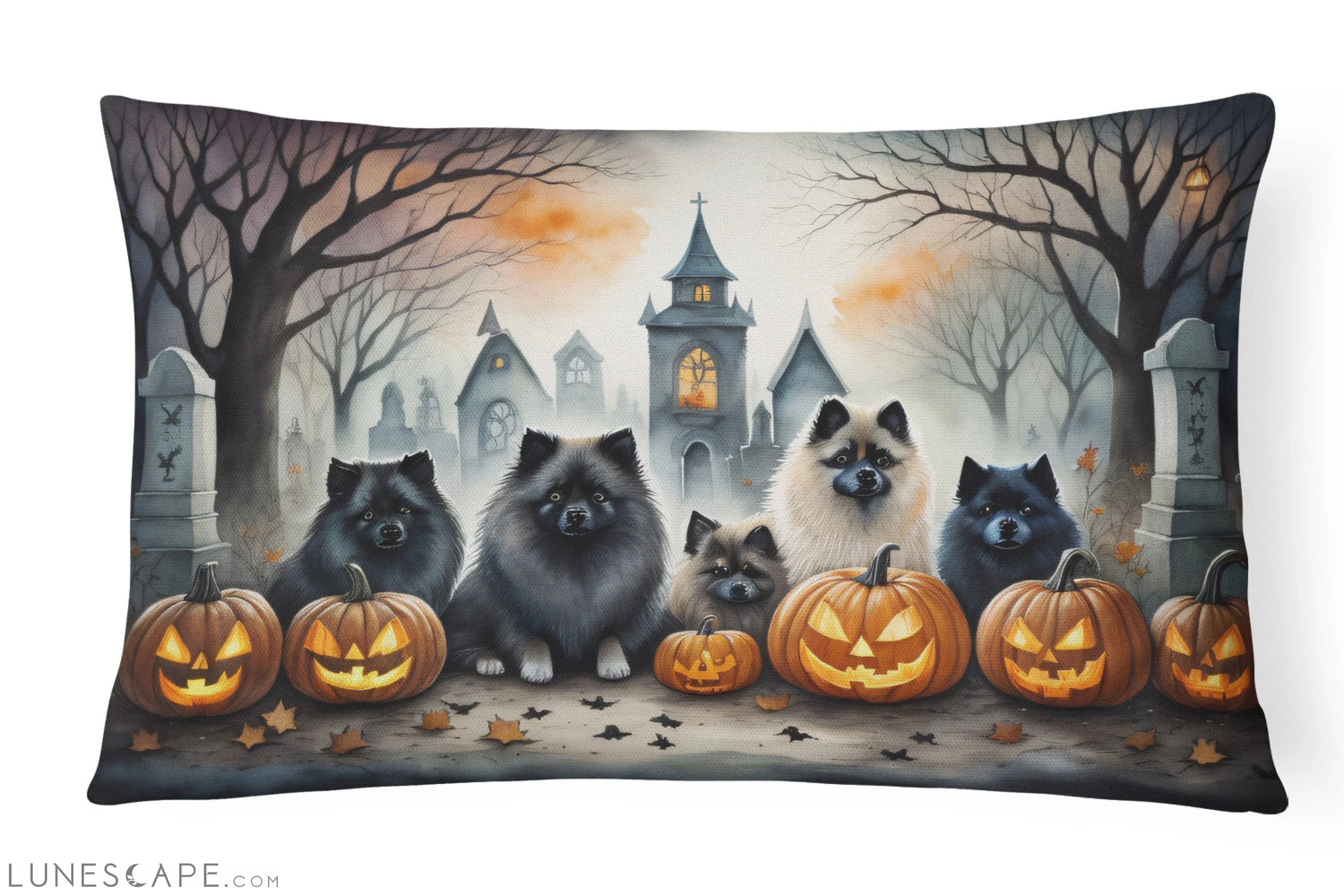 Keeshond Spooky Halloween Throw Pillow LUNESCAPE