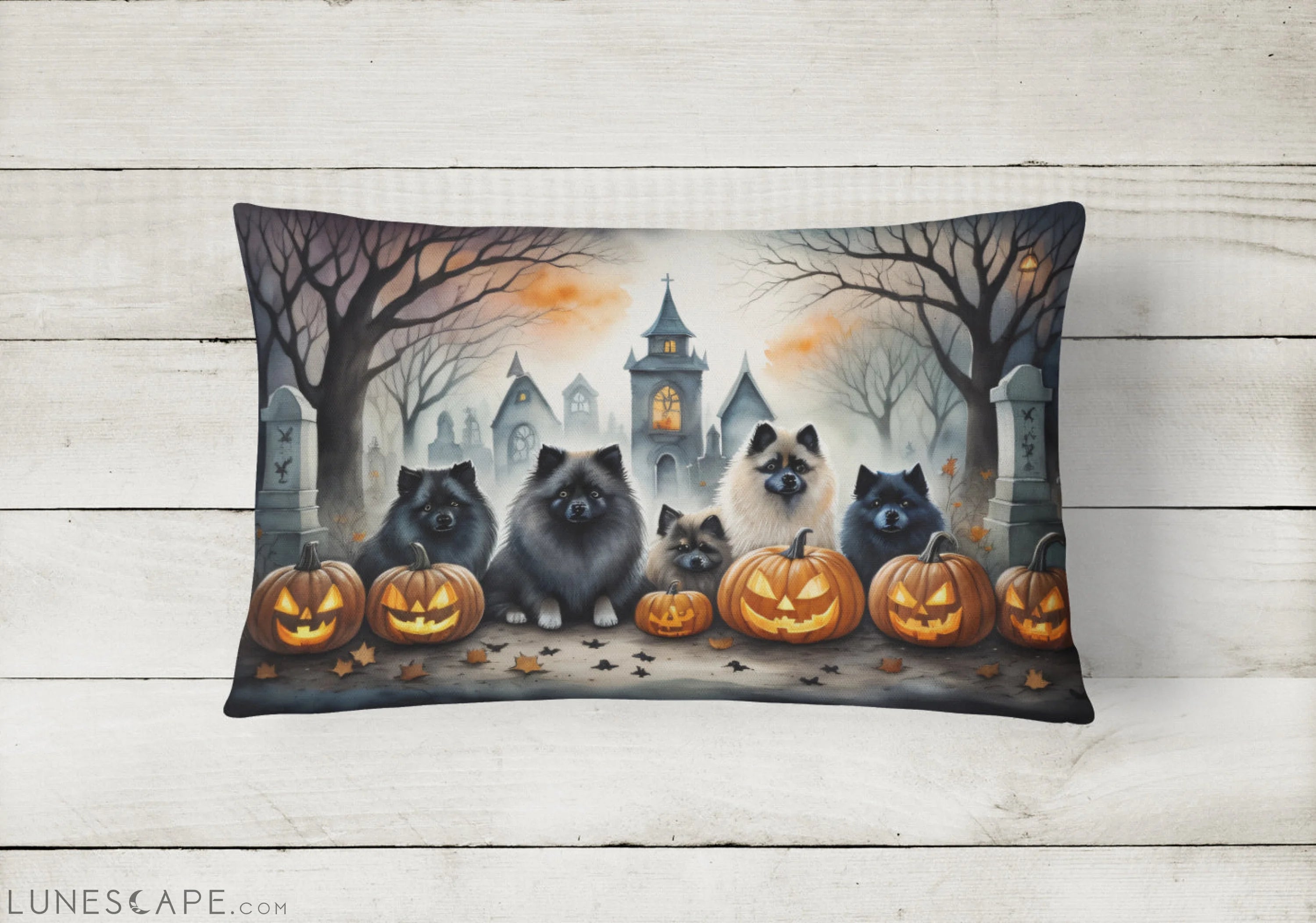 Keeshond Spooky Halloween Throw Pillow LUNESCAPE