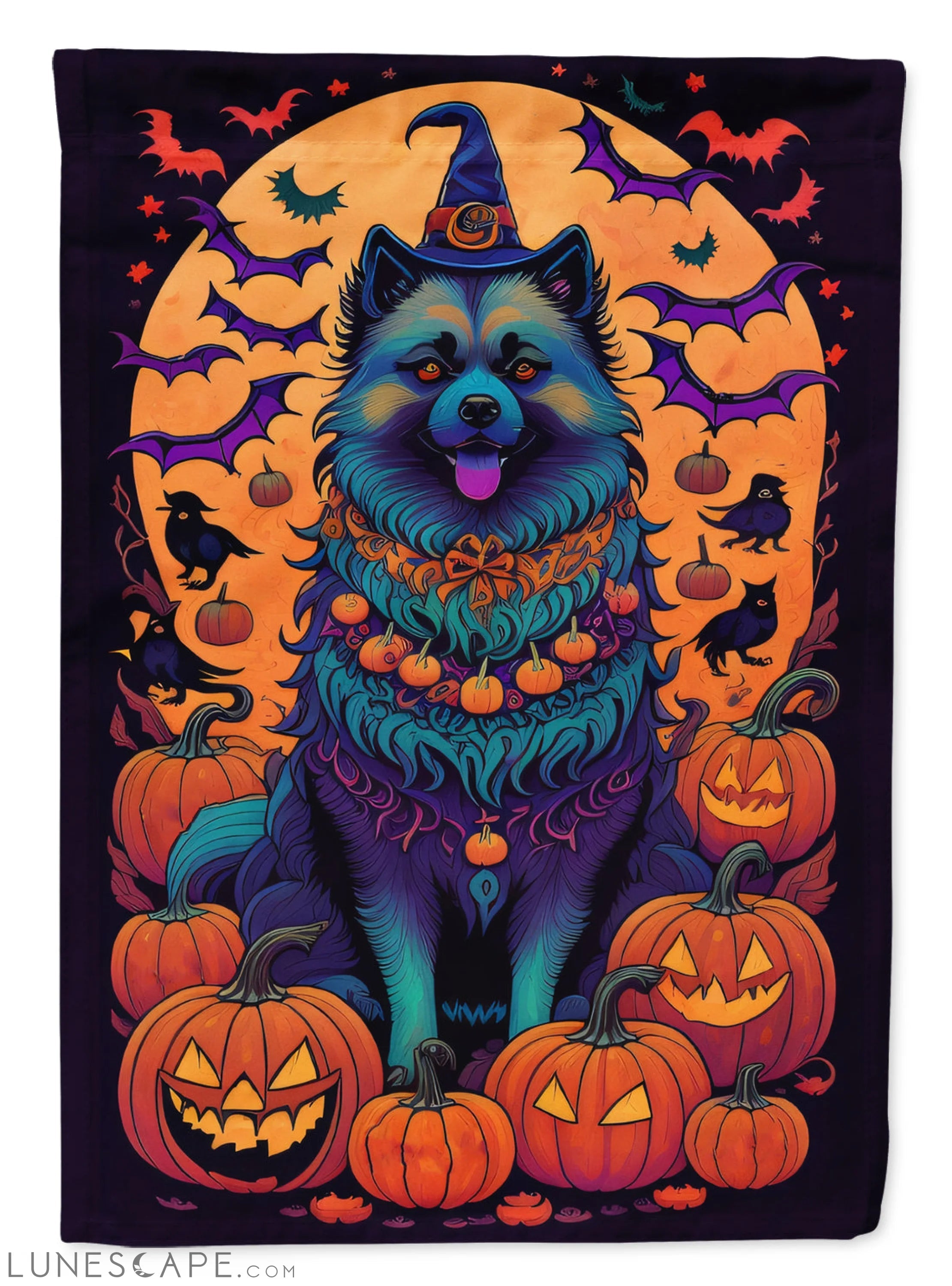 Keeshond Witchy Halloween House Flag LUNESCAPE