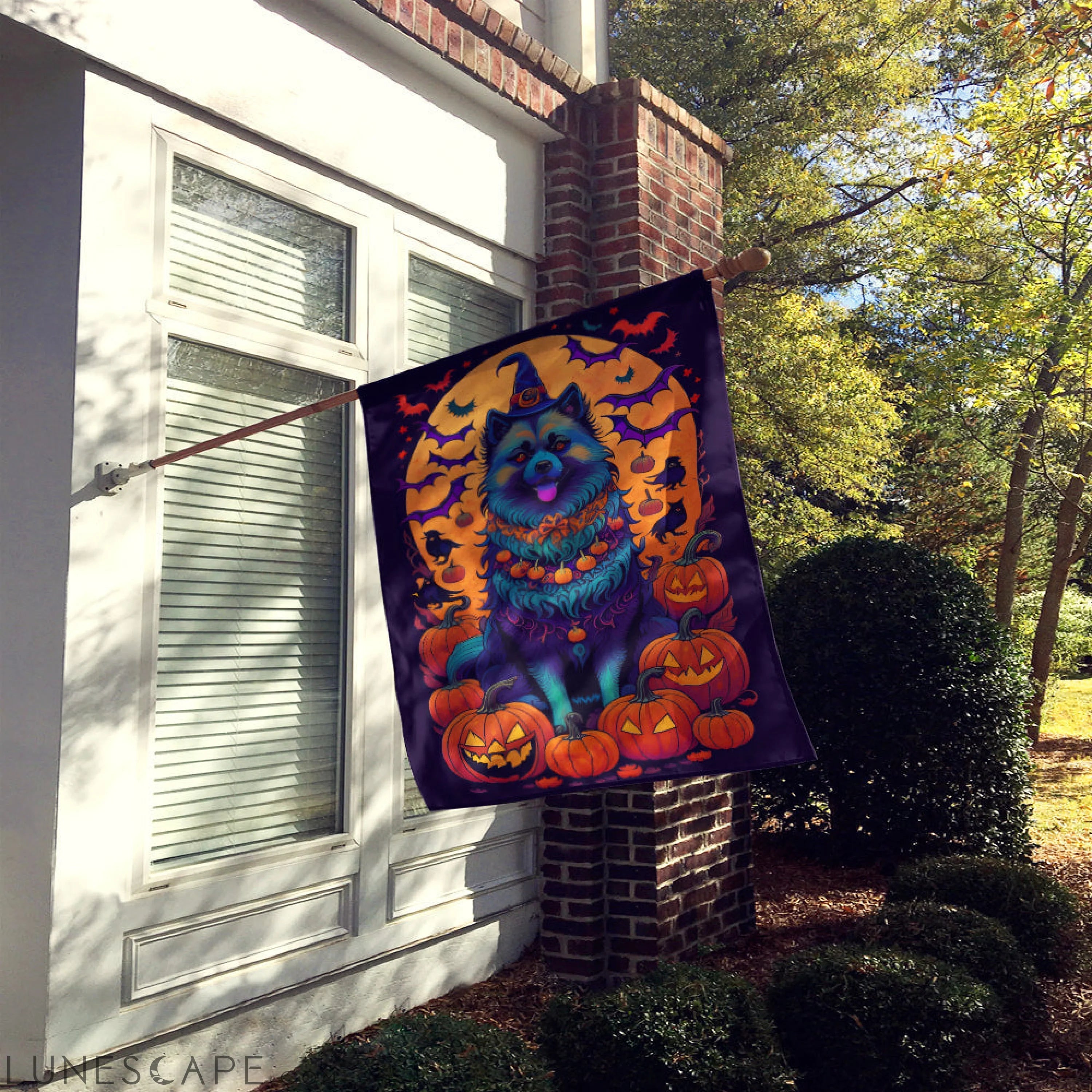 Keeshond Witchy Halloween House Flag LUNESCAPE