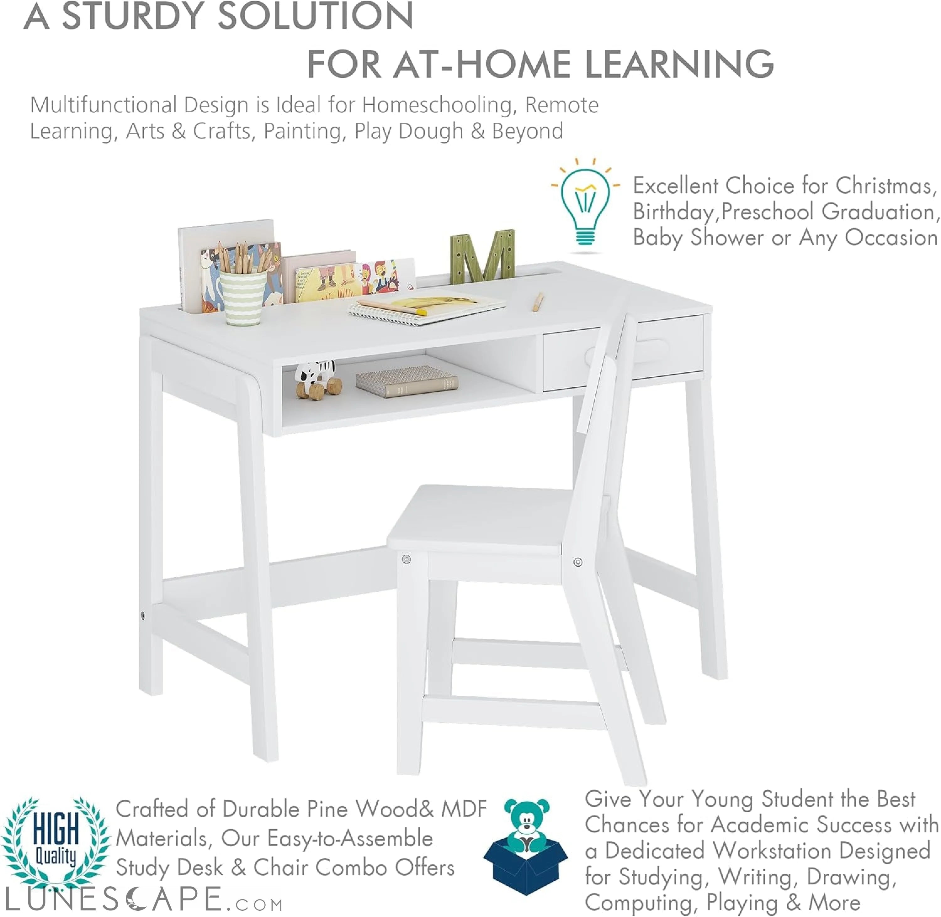 Kids Desk and Chair Set, Study Desk for Kids with Drawers, Wooden LUNESCAPE