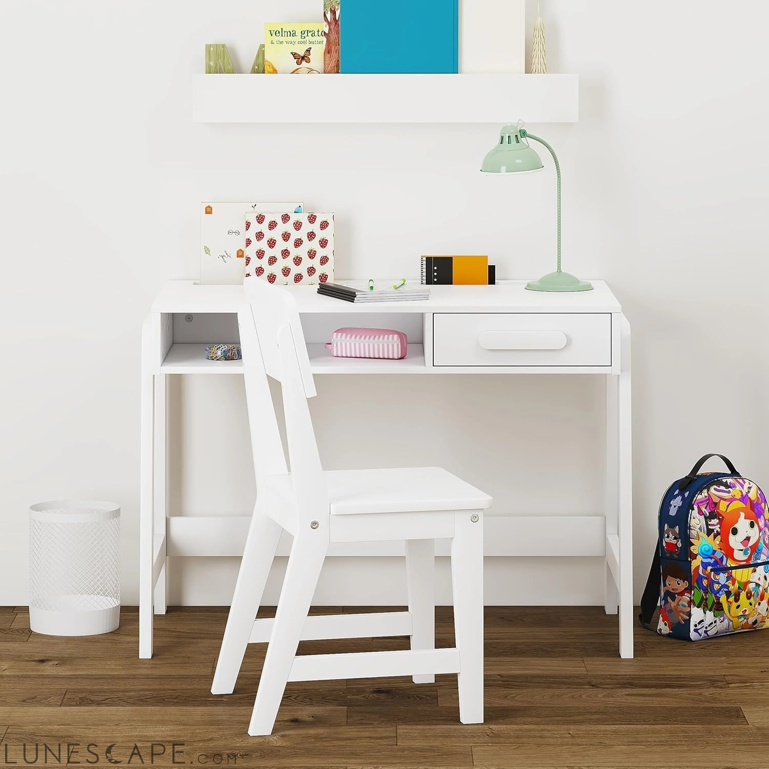 Kids Desk and Chair Set, Study Desk for Kids with Drawers, Wooden LUNESCAPE