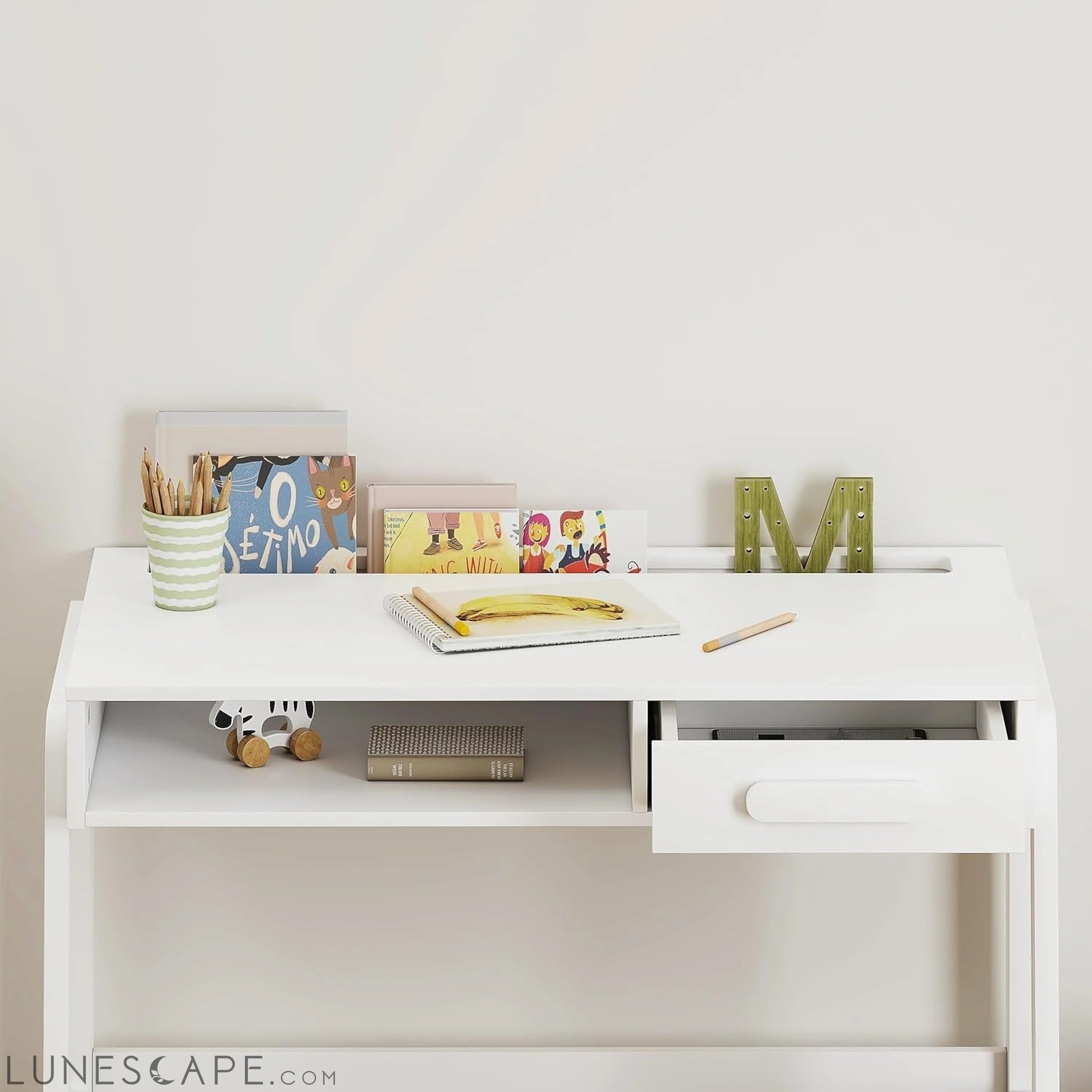 Kids Desk and Chair Set, Study Desk for Kids with Drawers, Wooden LUNESCAPE