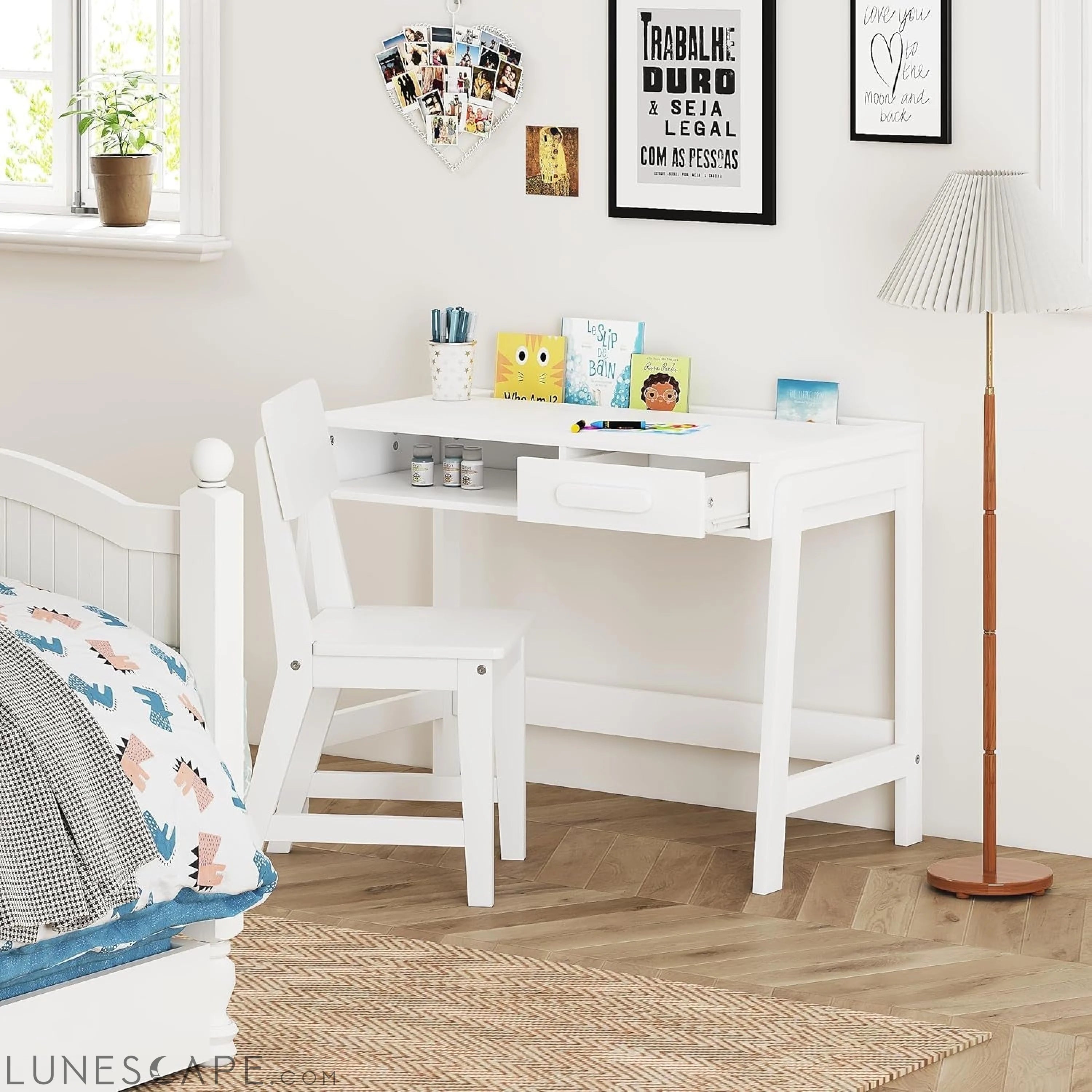 Kids Desk and Chair Set, Study Desk for Kids with Drawers, Wooden LUNESCAPE