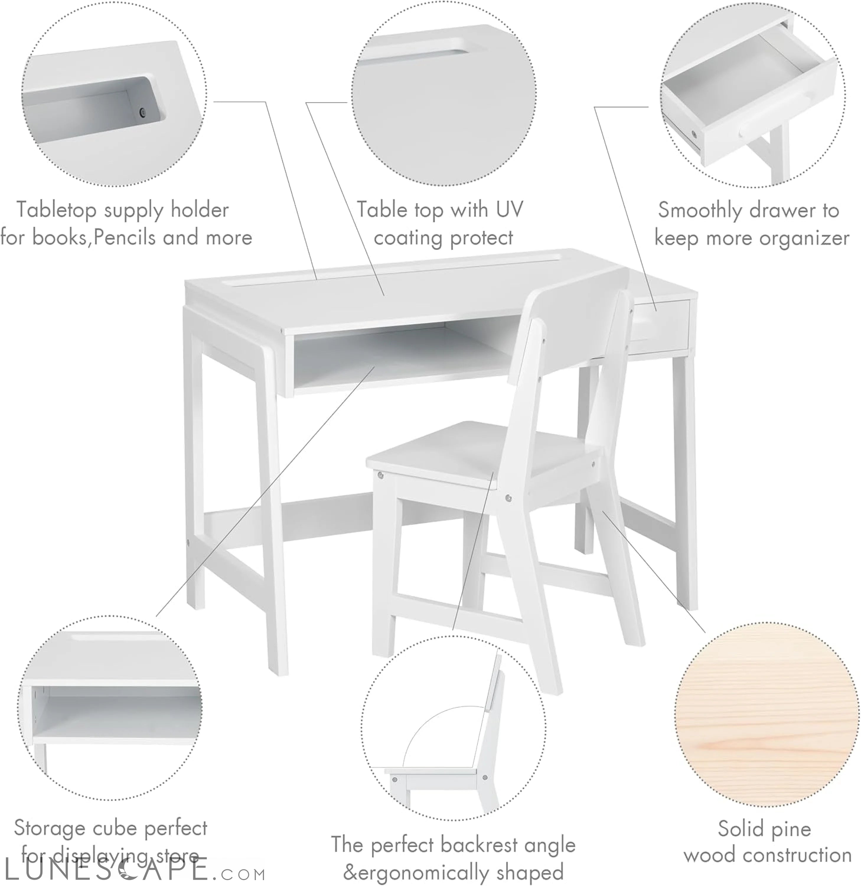 Kids Desk and Chair Set, Study Desk for Kids with Drawers, Wooden LUNESCAPE