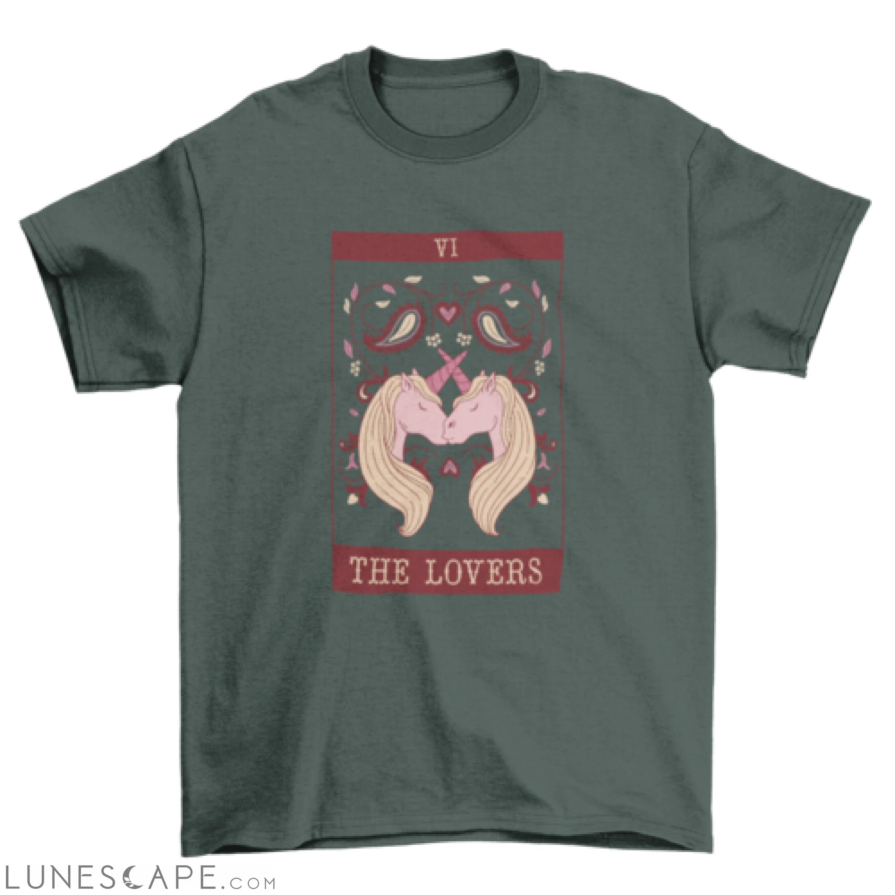 Kissing unicorns tarot card t-shirt design LUNESCAPE