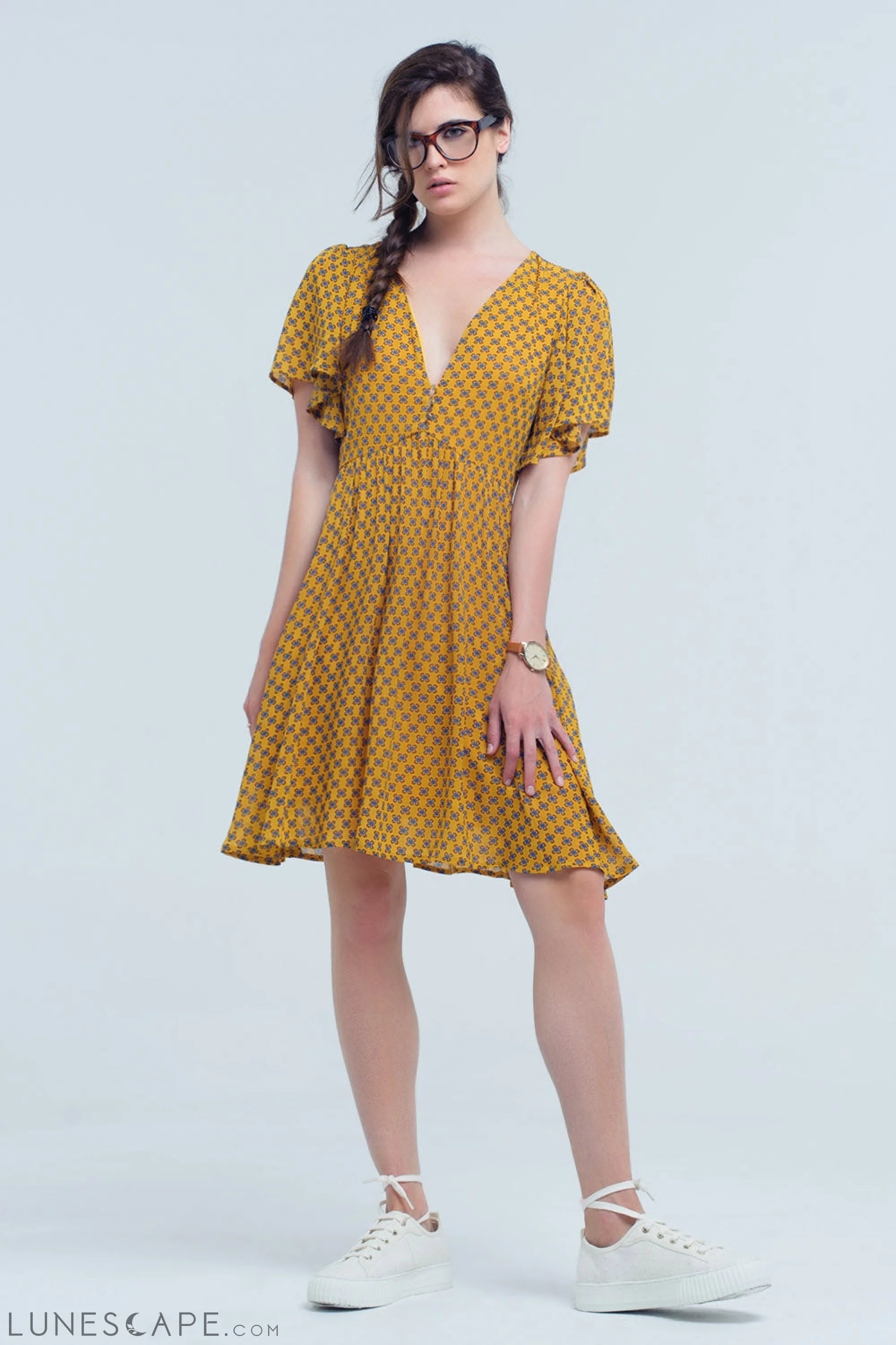 Knee-Length Yellow Dress With Flight and Geometric Pattern LUNESCAPE