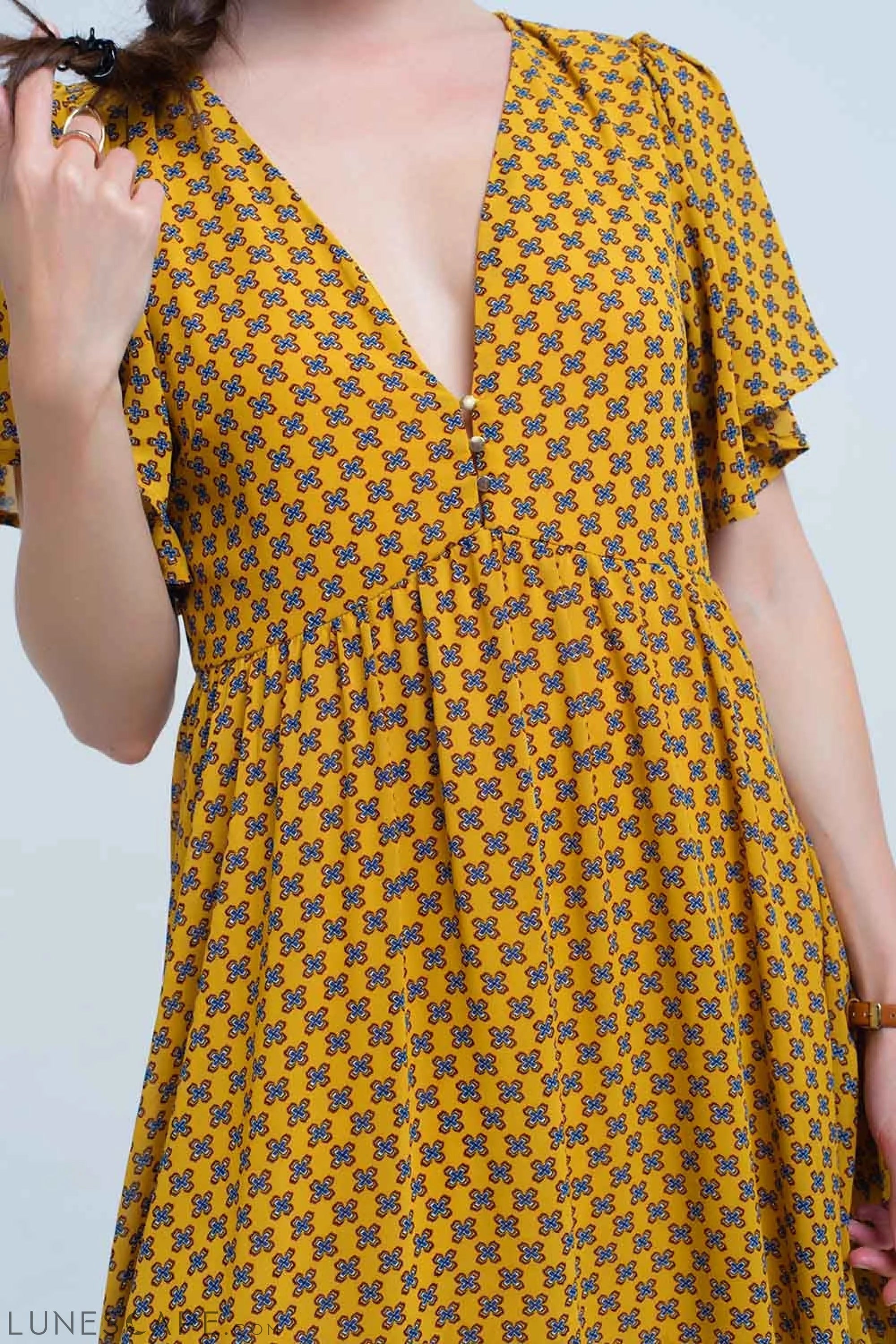 Knee-Length Yellow Dress With Flight and Geometric Pattern LUNESCAPE