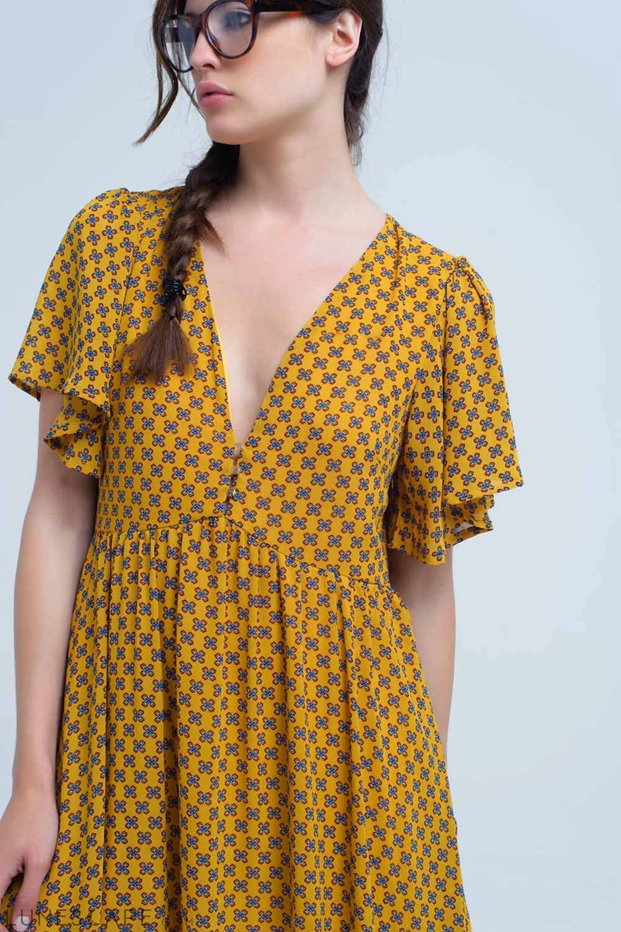 Knee-Length Yellow Dress With Flight and Geometric Pattern LUNESCAPE