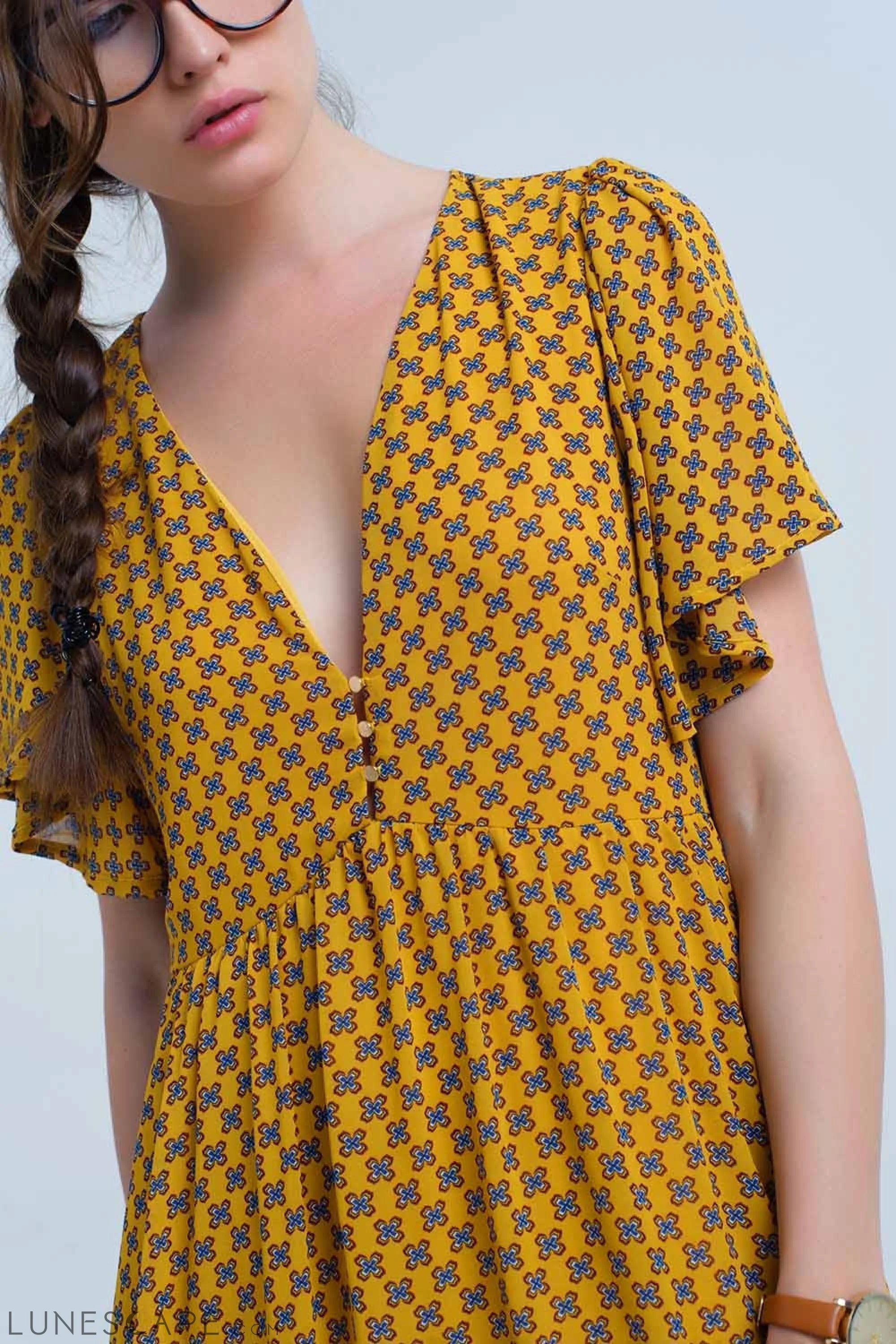 Knee-Length Yellow Dress With Flight and Geometric Pattern LUNESCAPE