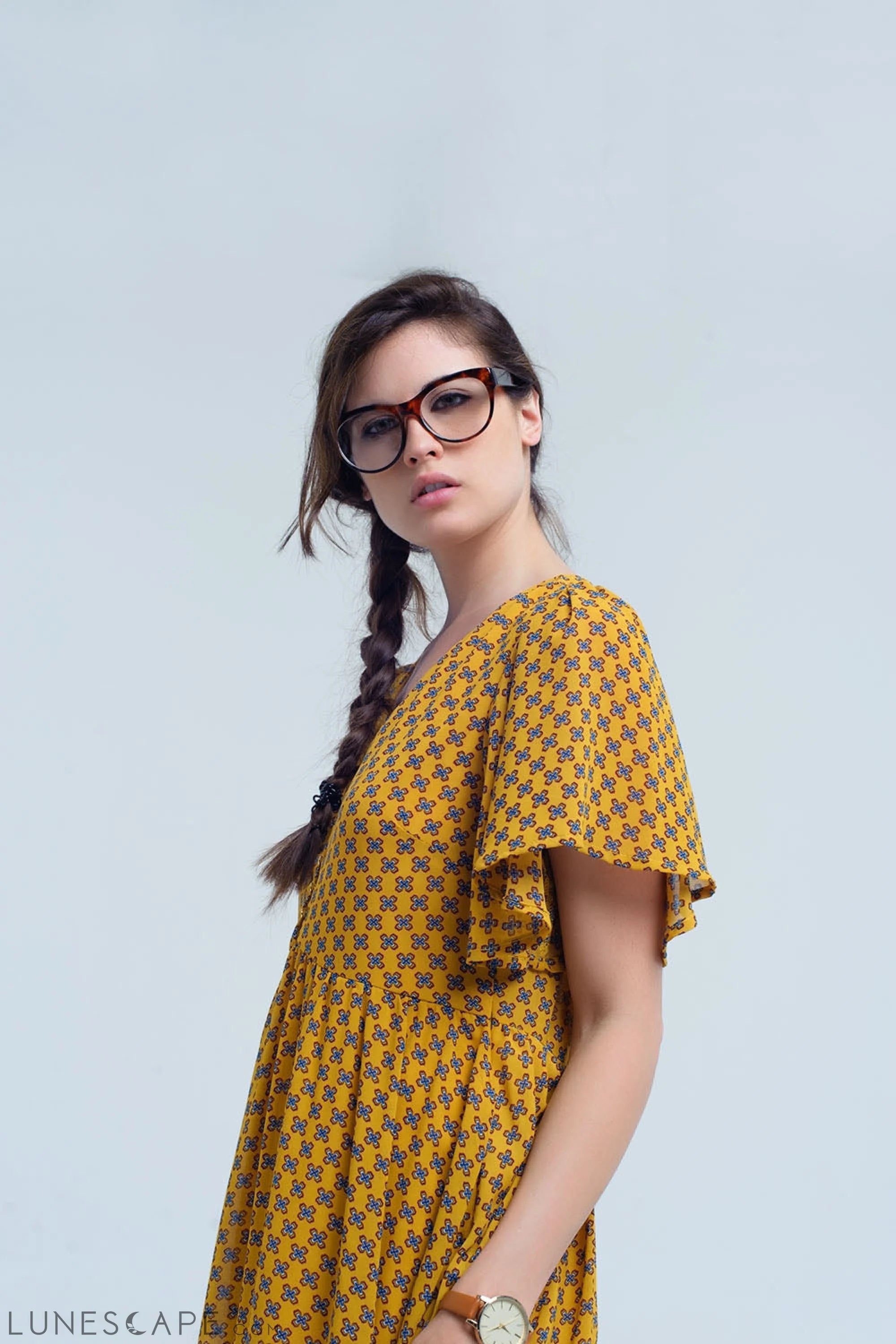 Knee-Length Yellow Dress With Flight and Geometric Pattern LUNESCAPE