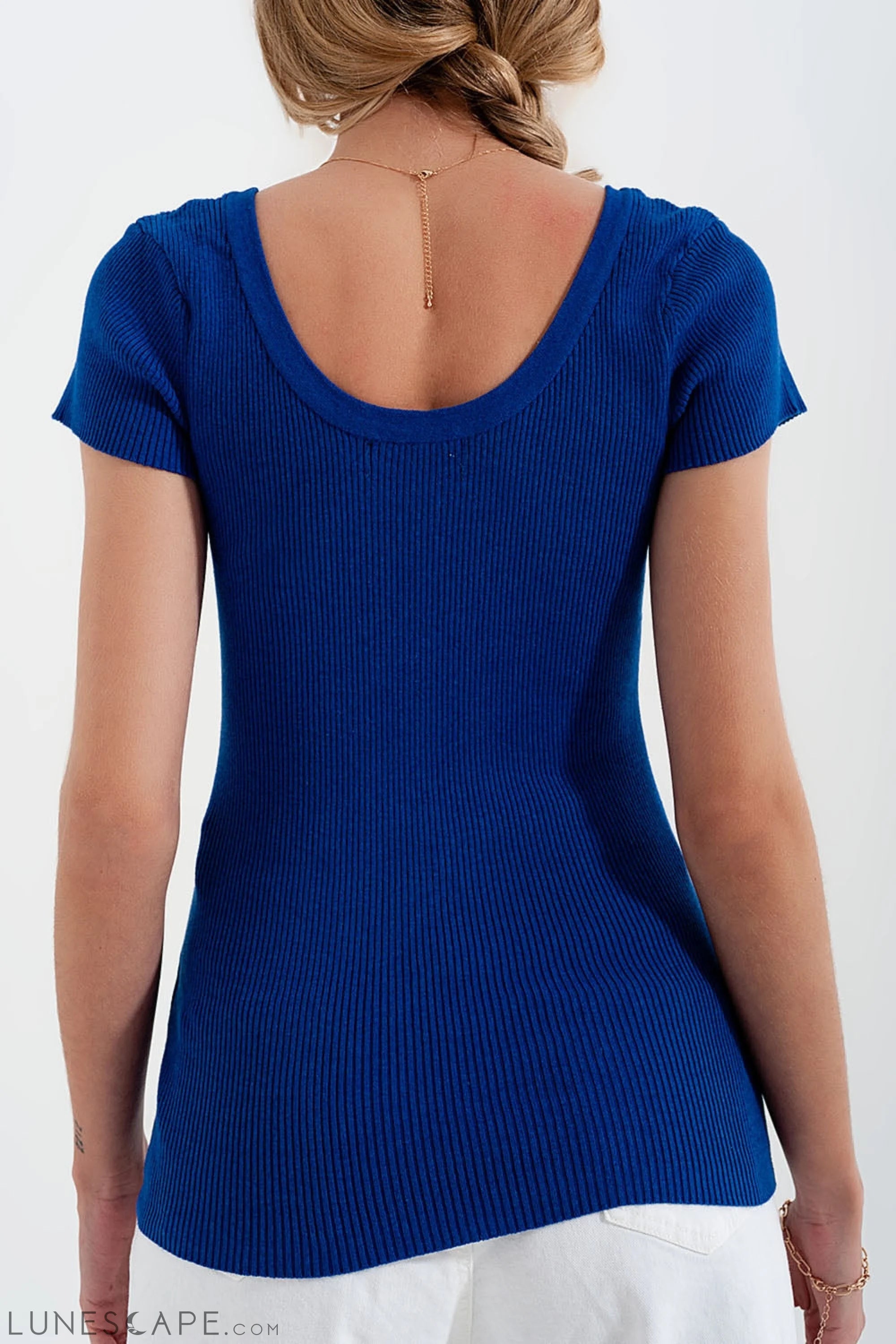 Knitted Fit Rib Crew Neck Sweater in Blue LUNESCAPE