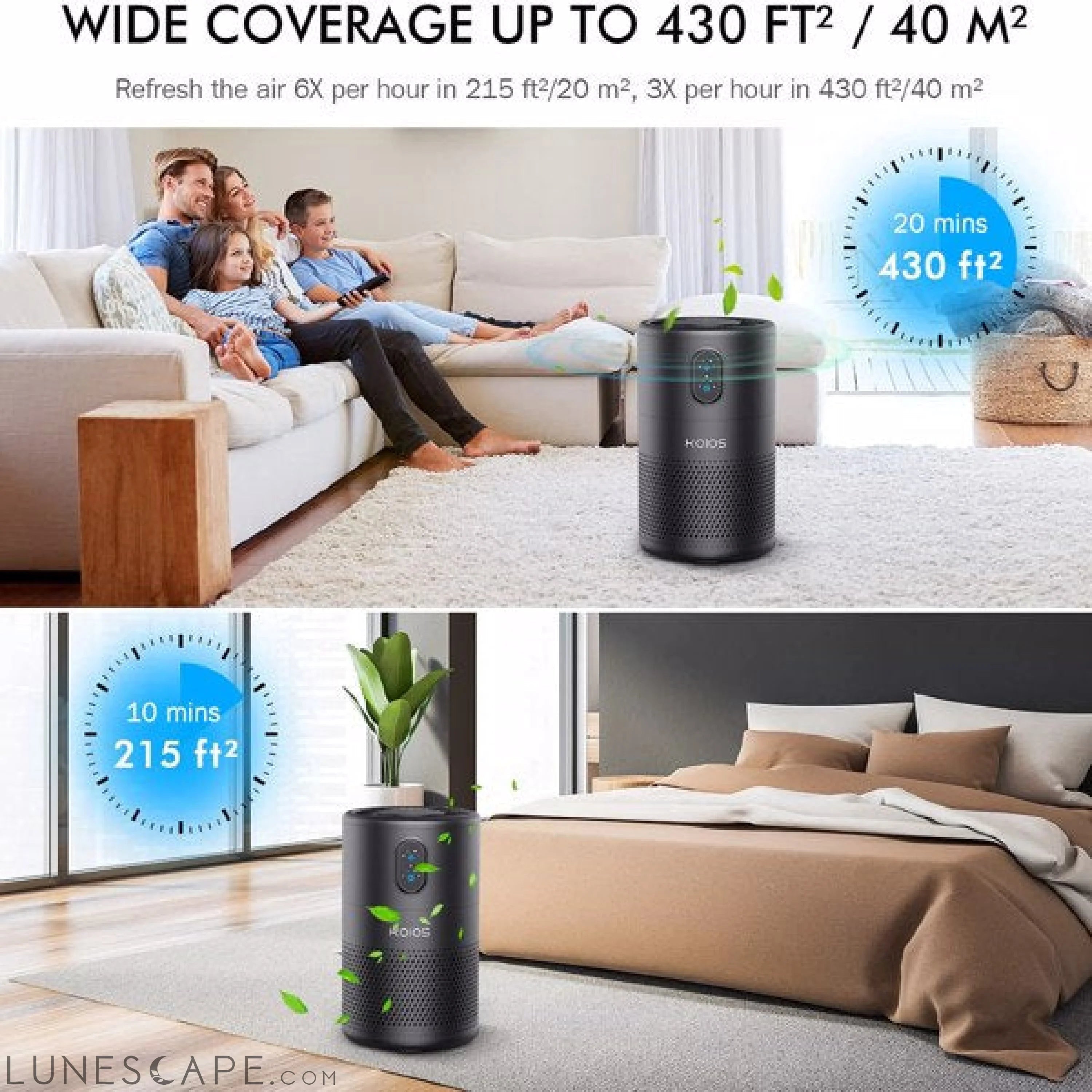 KOIOS Air Purifiers for Bedroom Home H13 HEPA Filter Purifier LUNESCAPE