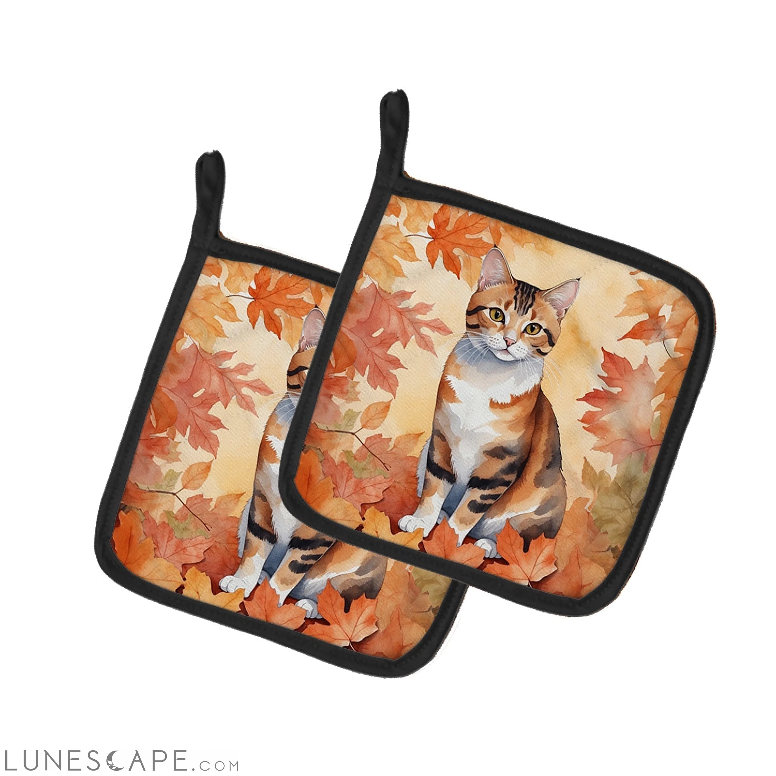 Korean Bobtail Cat in Fall Leaves Pair of Pot Holders LUNESCAPE