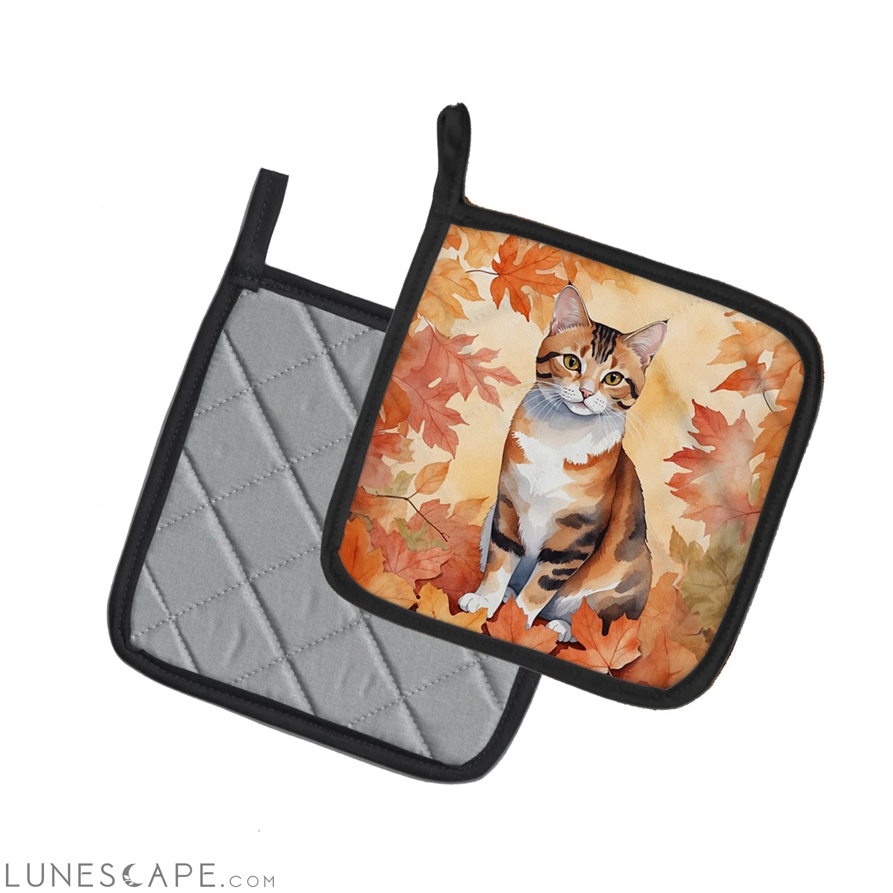 Korean Bobtail Cat in Fall Leaves Pair of Pot Holders LUNESCAPE