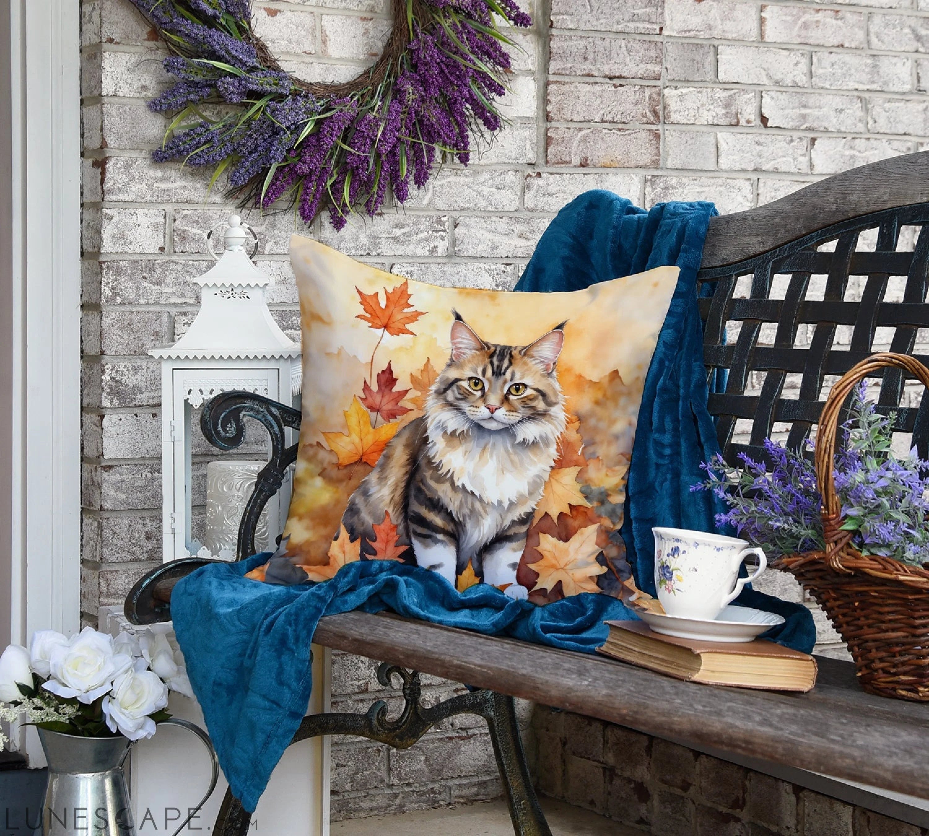 Kurilian Bobtail Cat in Fall Leaves Throw Pillow LUNESCAPE