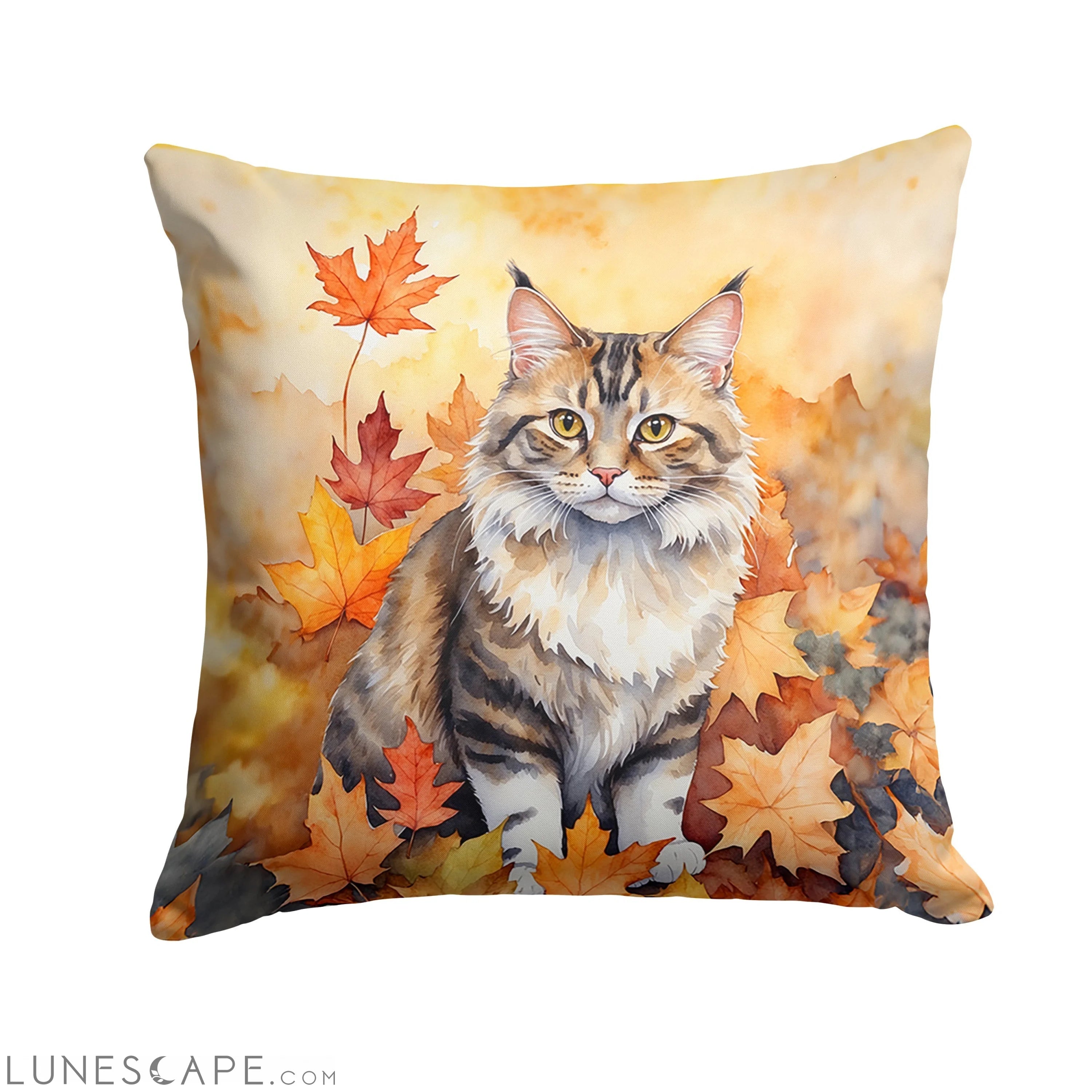 Kurilian Bobtail Cat in Fall Leaves Throw Pillow LUNESCAPE