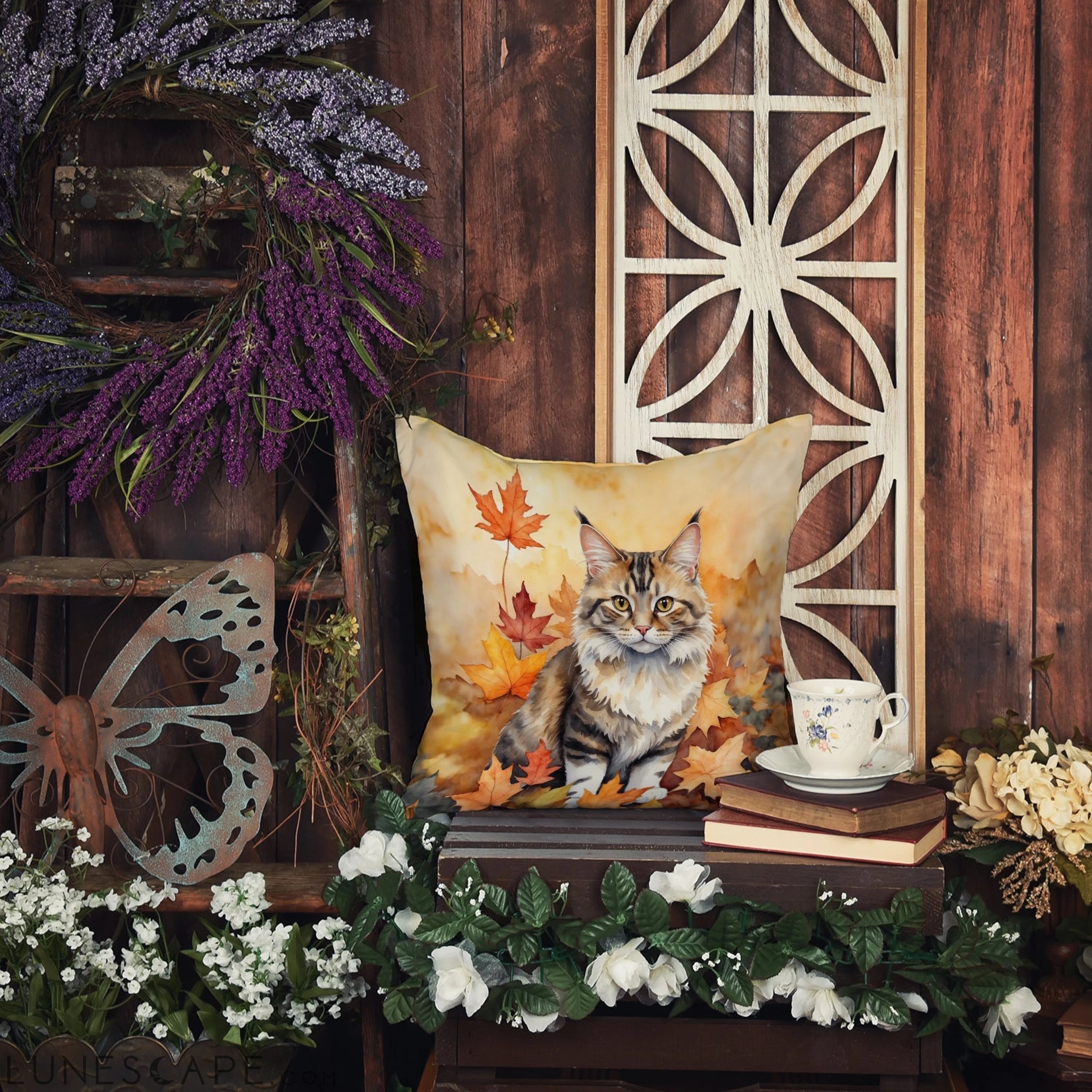 Kurilian Bobtail Cat in Fall Leaves Throw Pillow LUNESCAPE