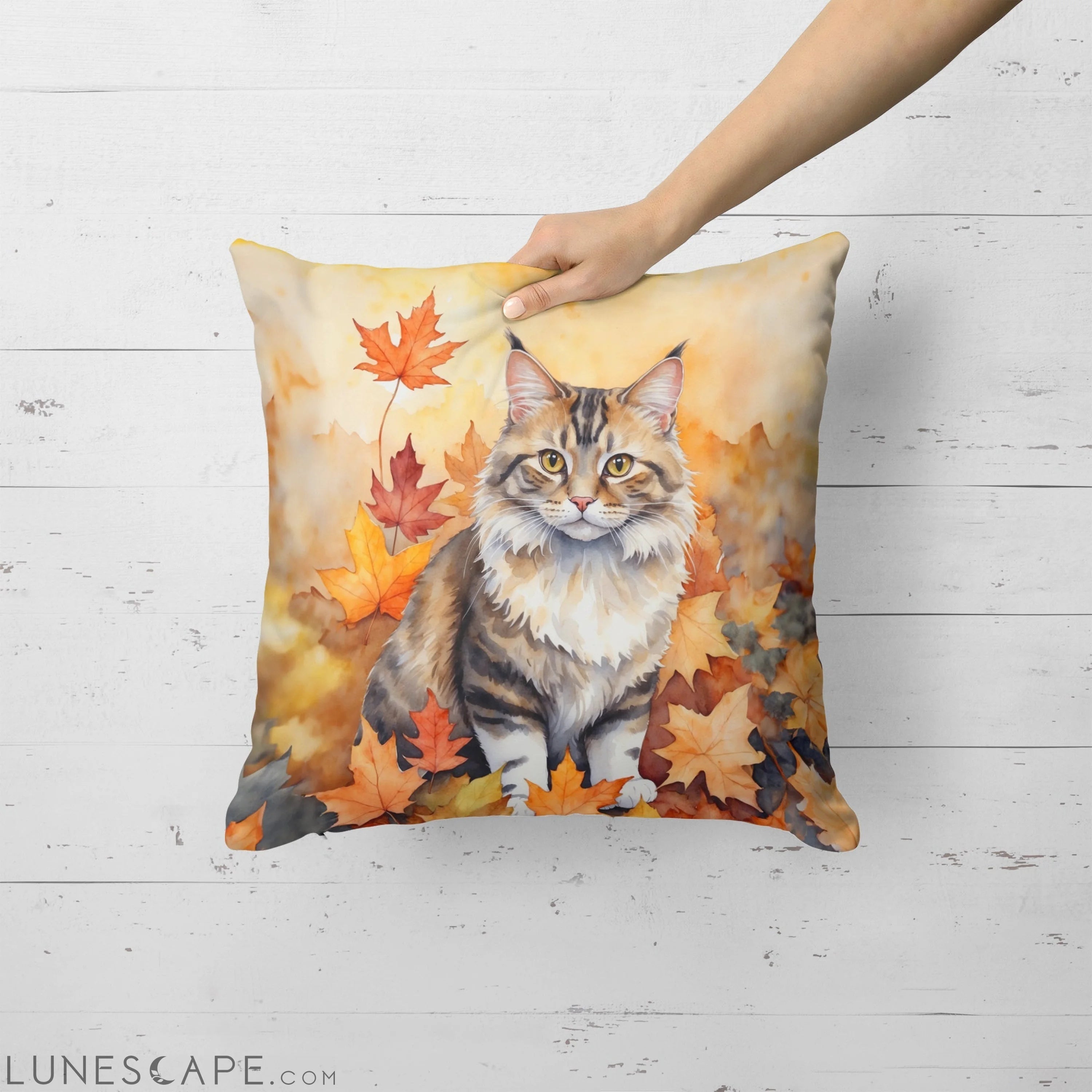 Kurilian Bobtail Cat in Fall Leaves Throw Pillow LUNESCAPE