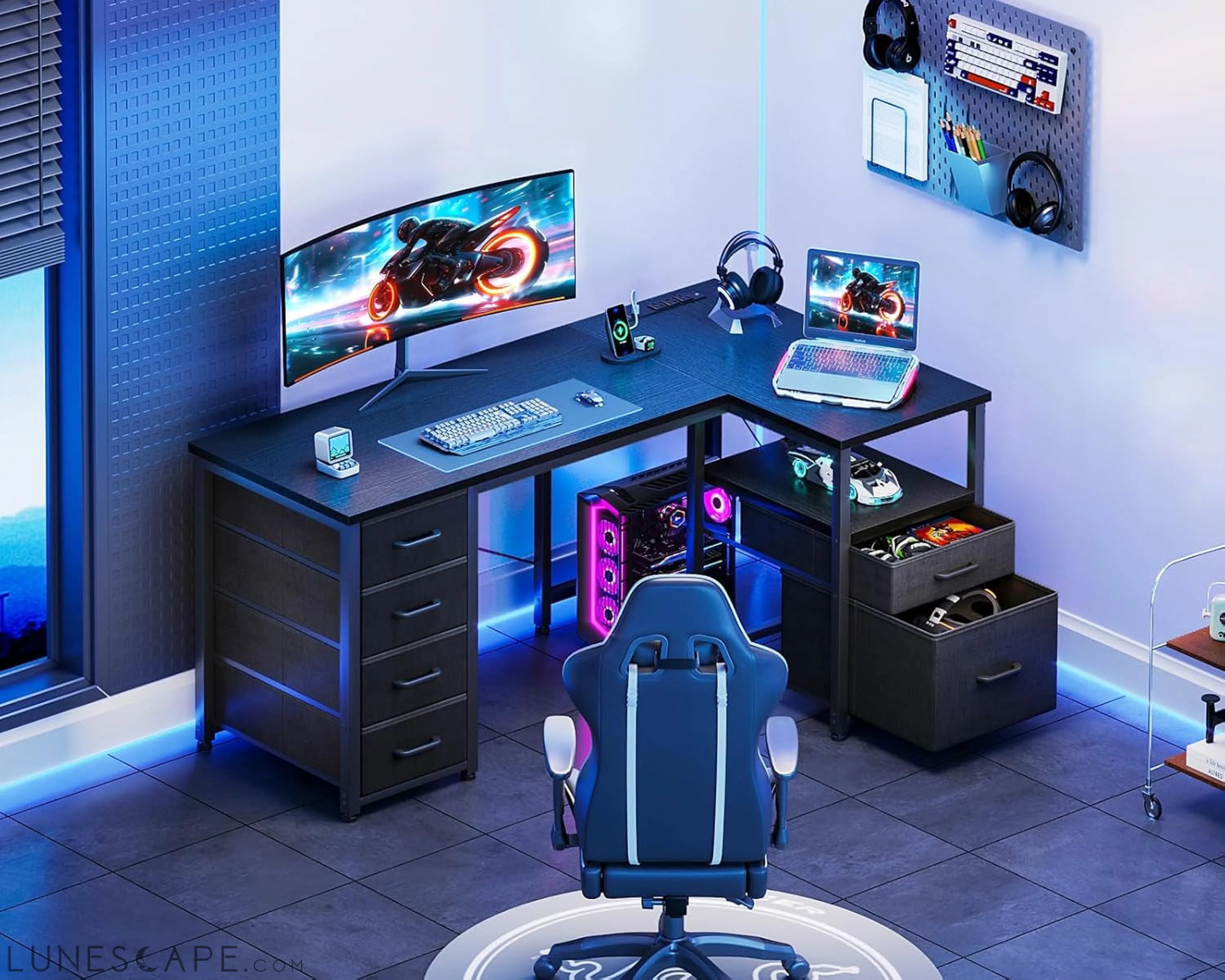 L Shaped Computer Desk with 6 Drawers & Power Outlet, 55 Inch Corner LUNESCAPE