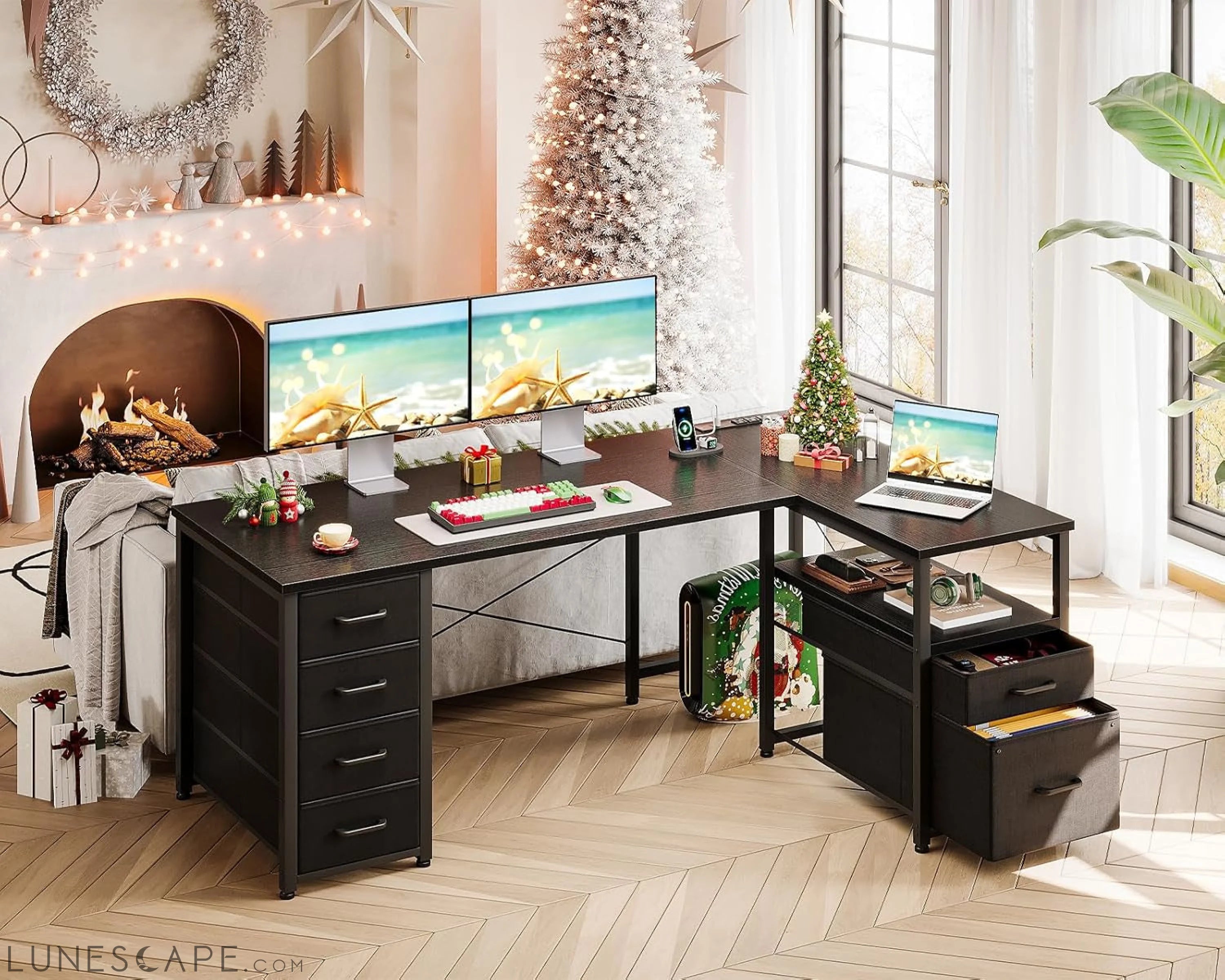 L Shaped Computer Desk with 6 Drawers & Power Outlet, 55 Inch Corner LUNESCAPE