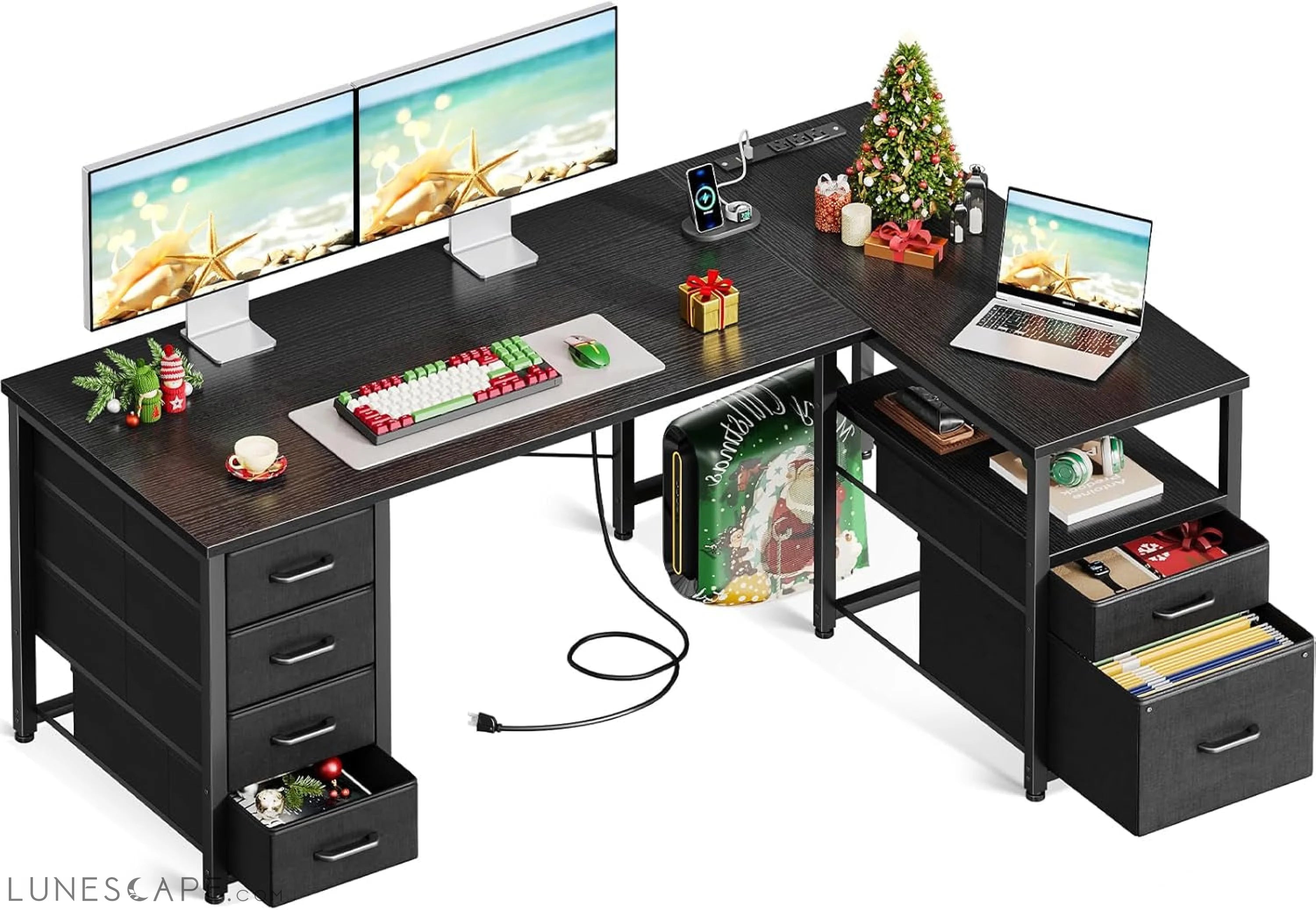 L Shaped Computer Desk with 6 Drawers & Power Outlet, 55 Inch Corner LUNESCAPE