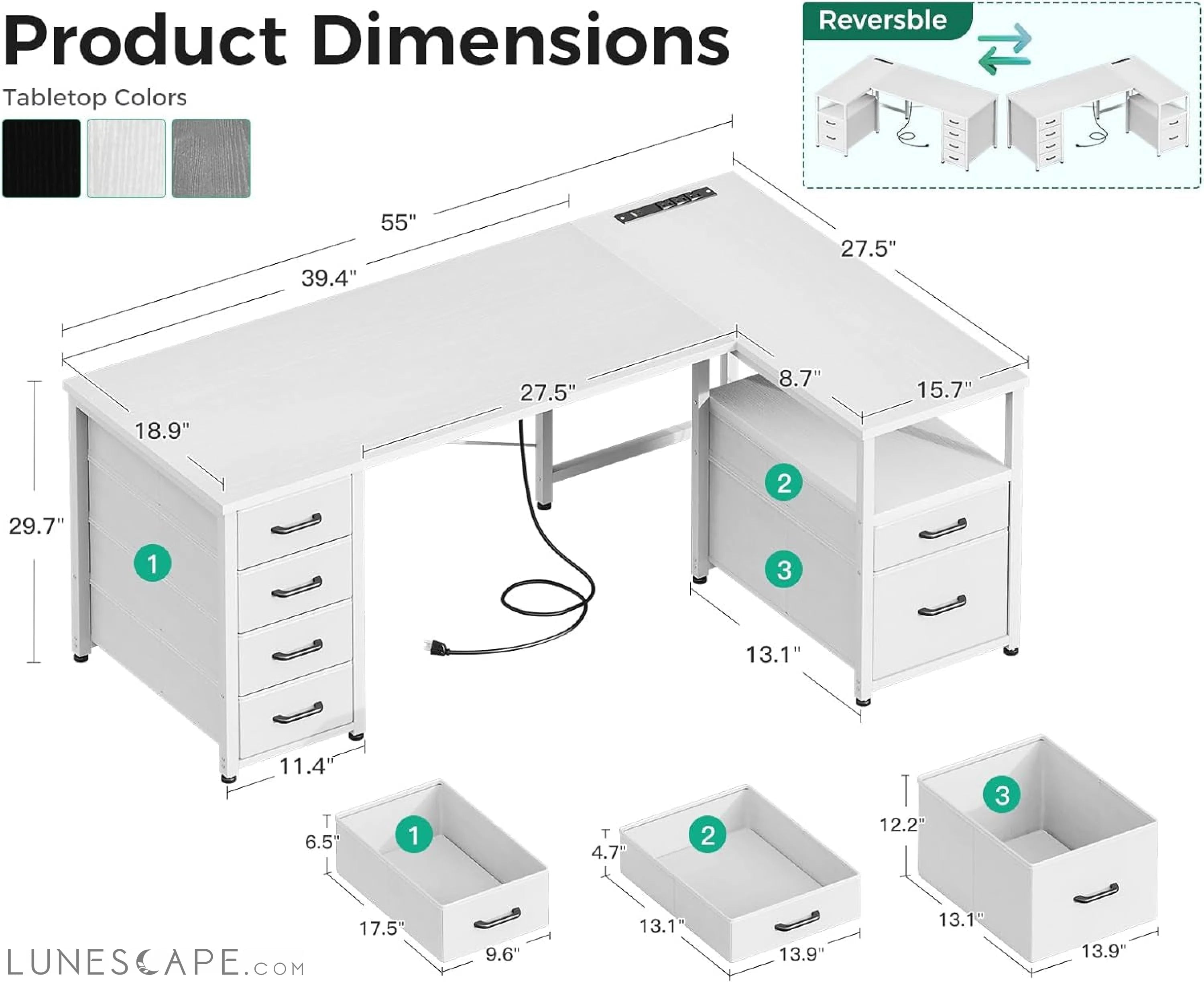 L Shaped Computer Desk with 6 Drawers & Power Outlet, 55 Inch Corner LUNESCAPE