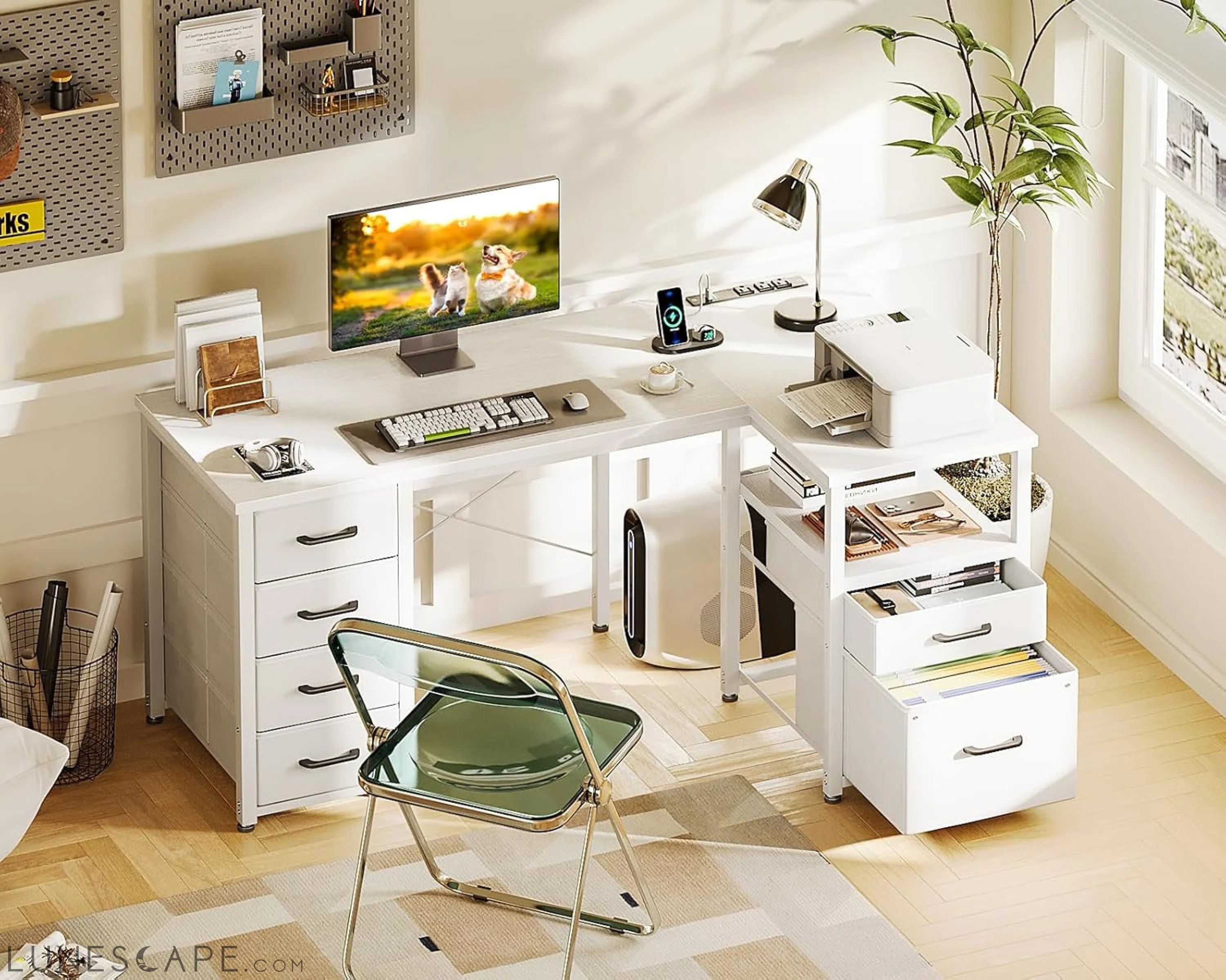 L Shaped Computer Desk with 6 Drawers & Power Outlet, 55 Inch Corner LUNESCAPE