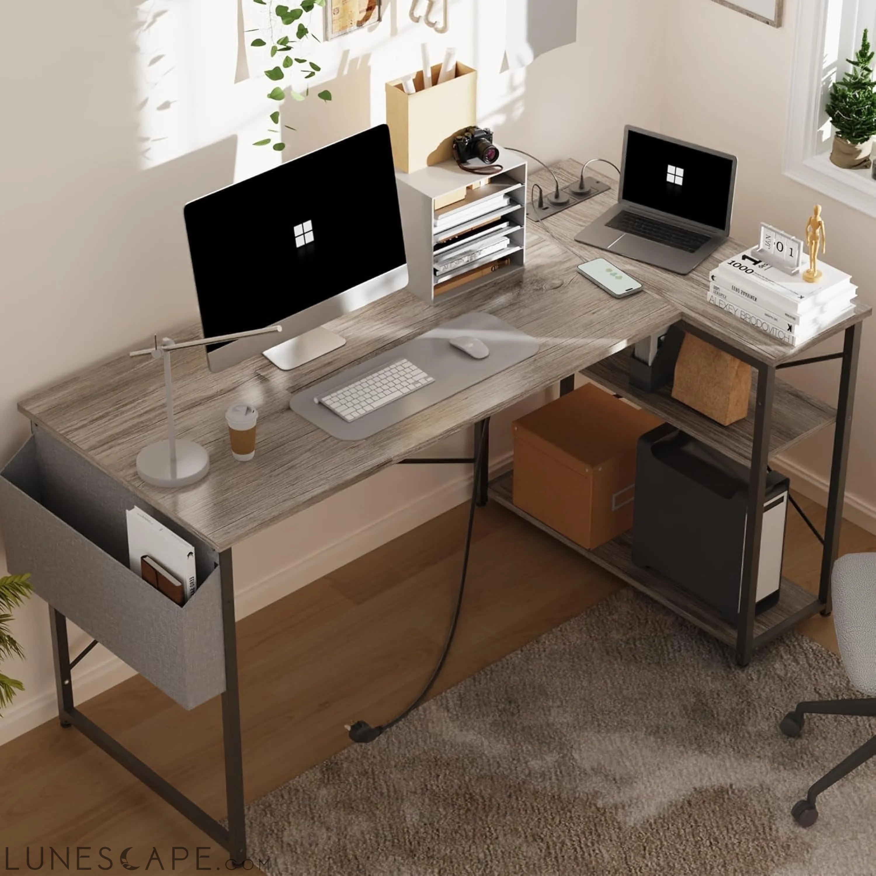 L Shaped Computer Desk with Power Outlets, 47 Inch Gaming Desk, Small LUNESCAPE