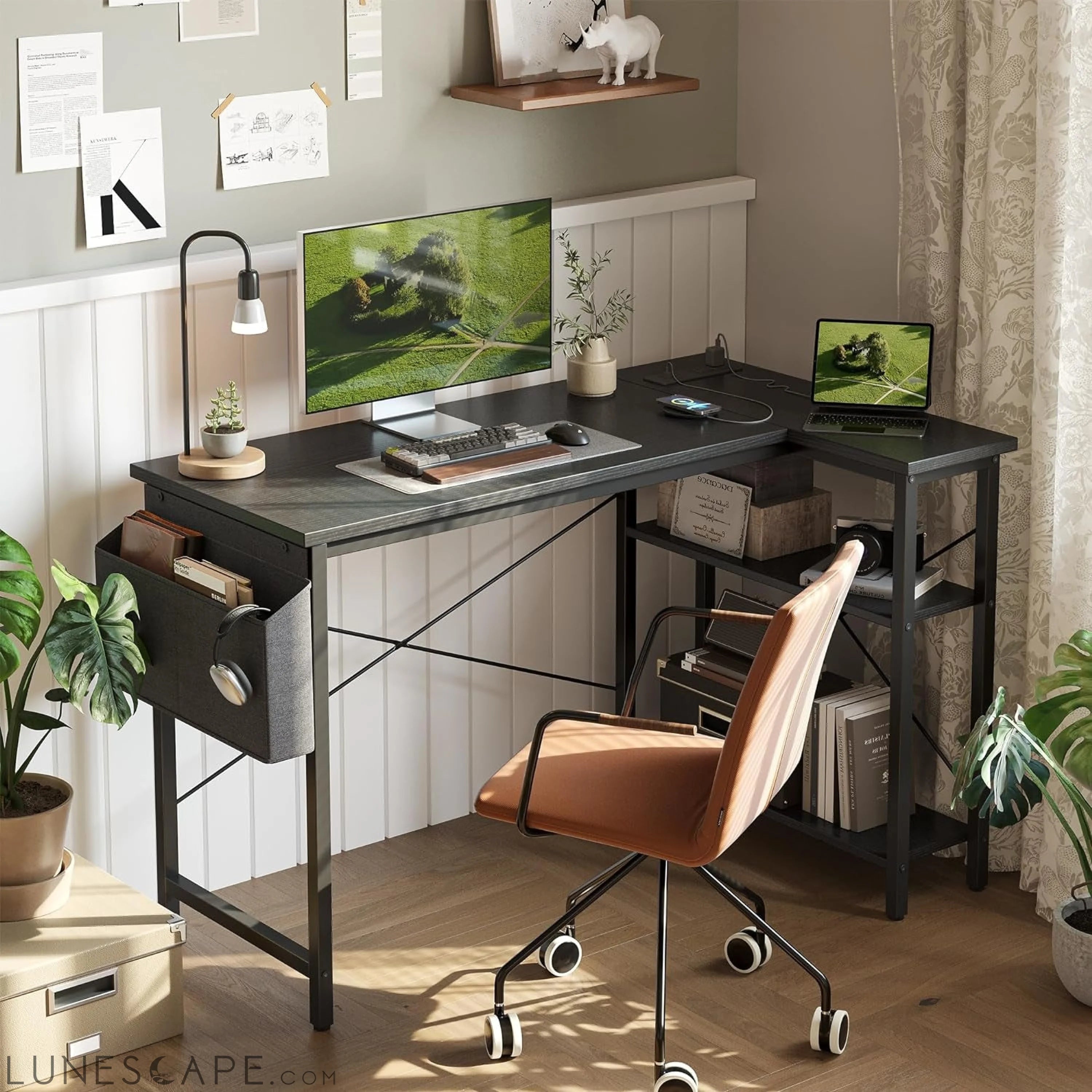 L Shaped Computer Desk with Power Outlets, 47 Inch Small Corner Desk LUNESCAPE