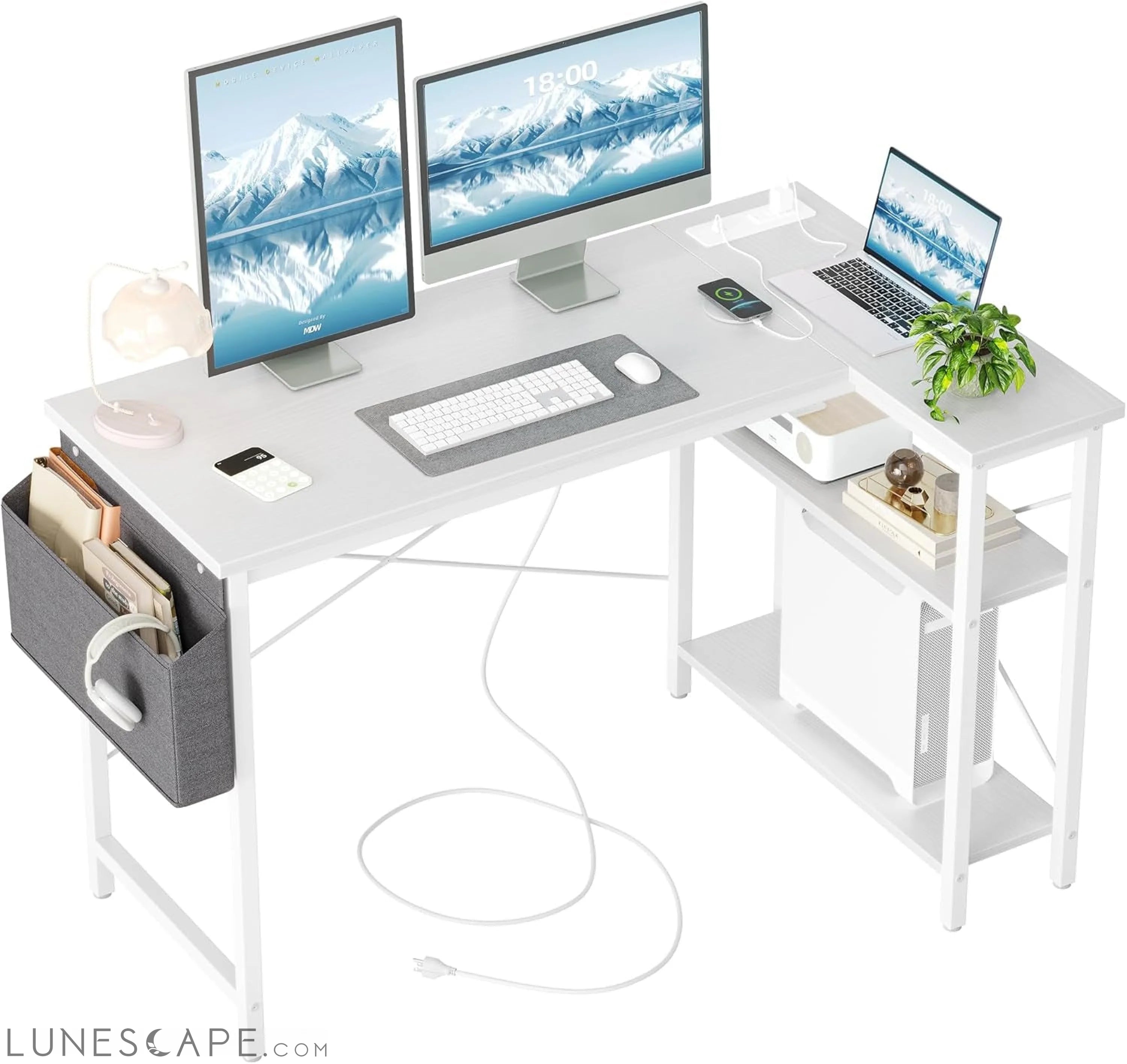 L Shaped Computer Desk with Power Outlets, 47 Inch Small Corner Desk LUNESCAPE