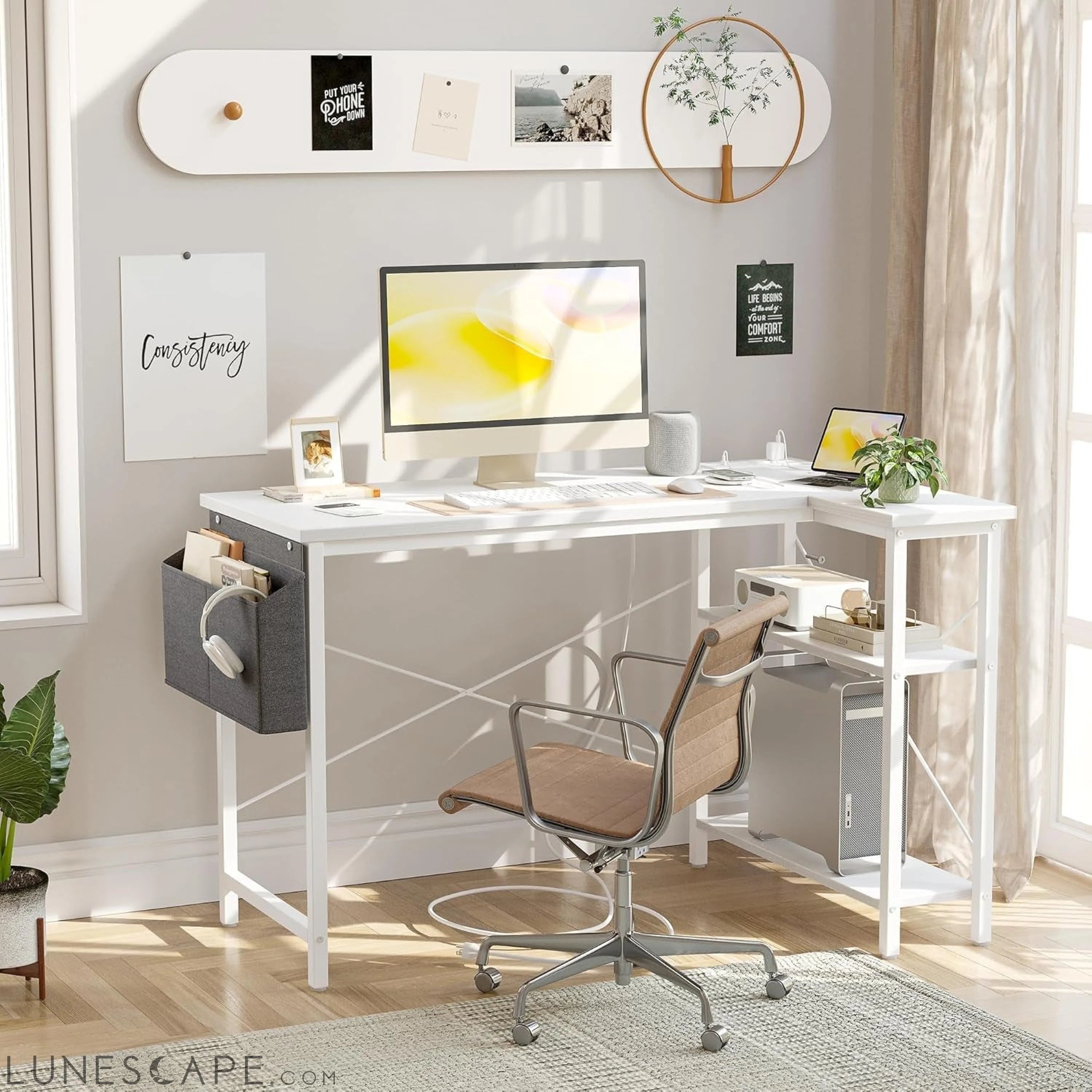 L Shaped Computer Desk with Power Outlets, 47 Inch Small Corner Desk LUNESCAPE