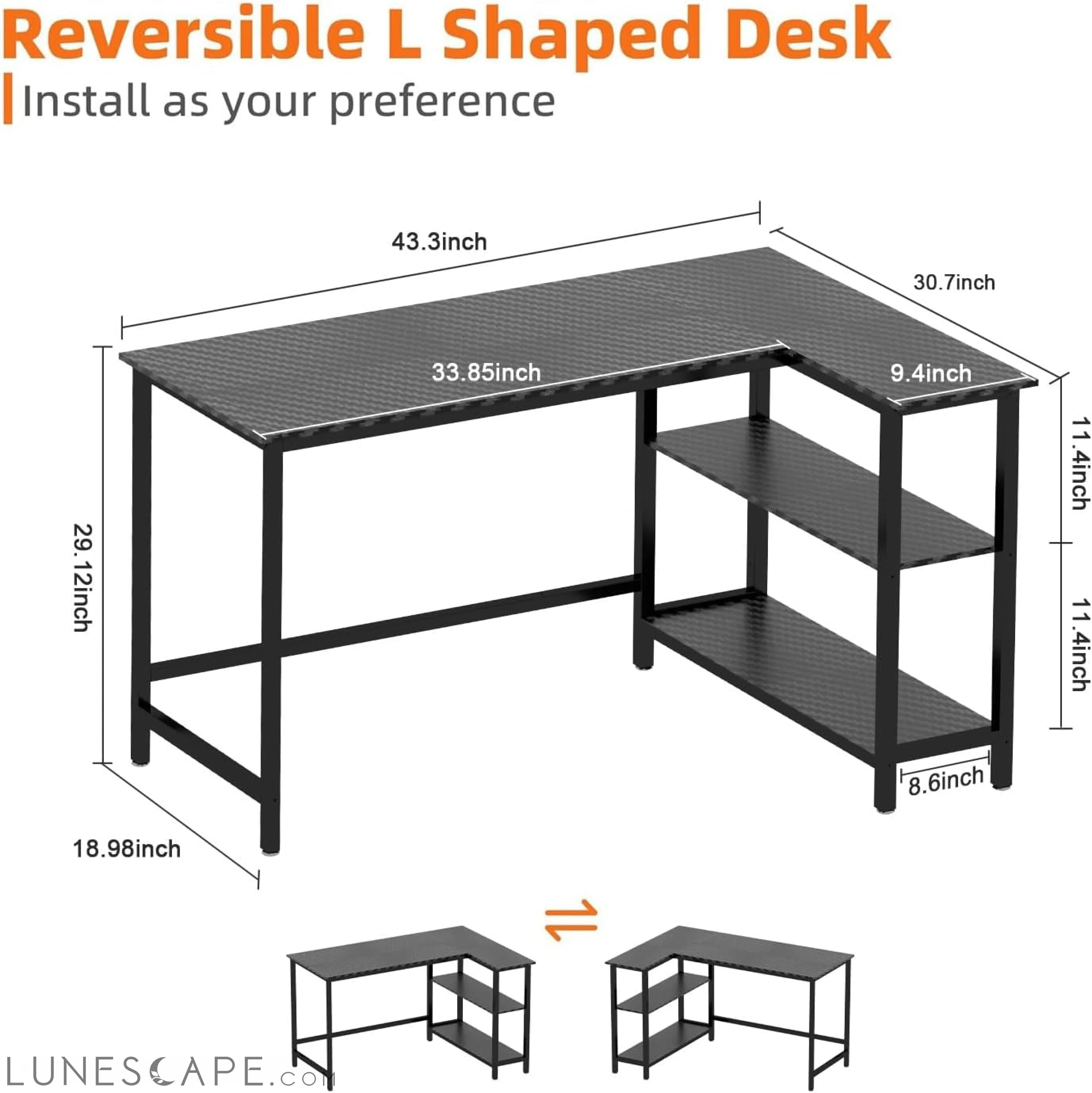 L Shaped Desk - 43 Inch Gaming Desk, Computer Corner Desk, Home Office LUNESCAPE