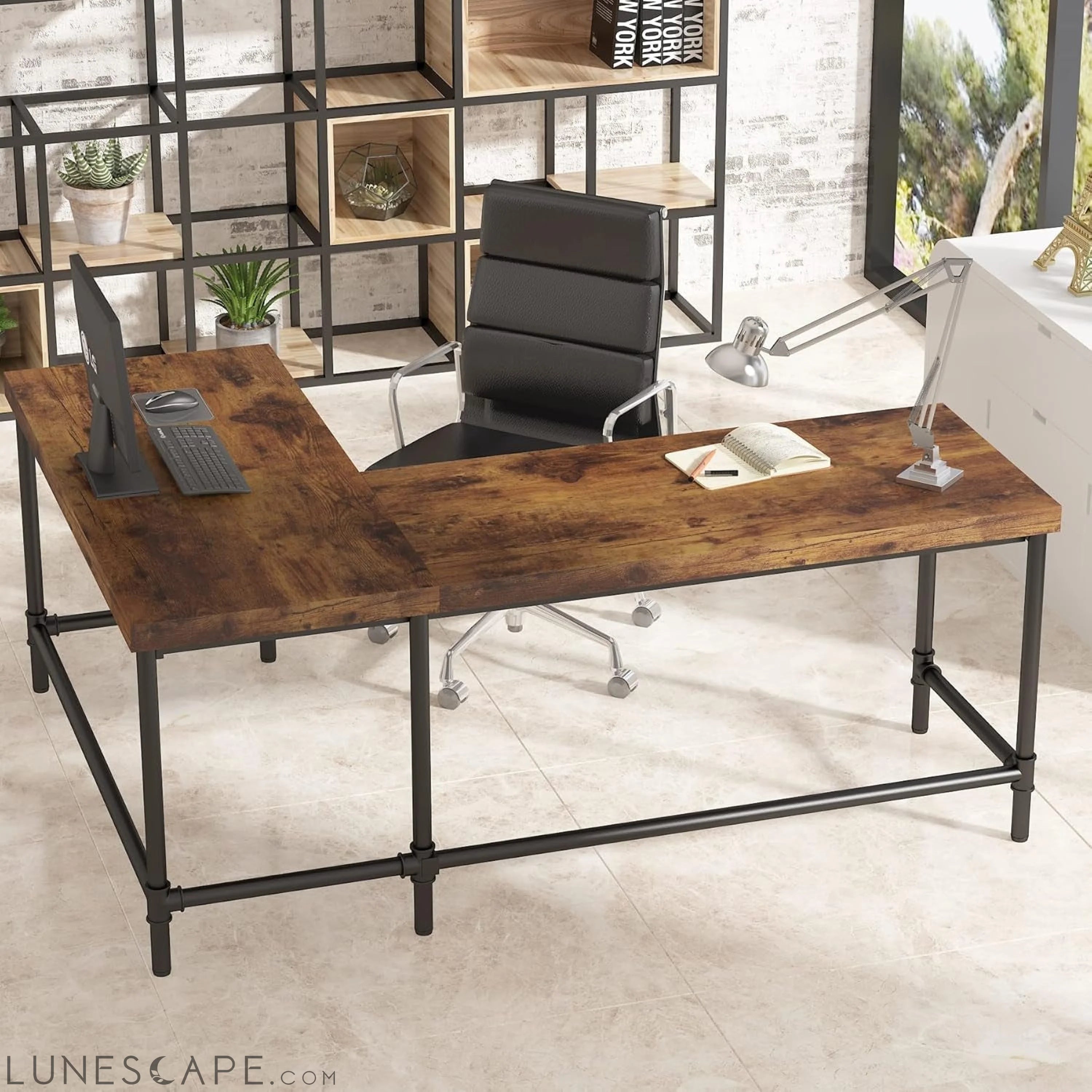 L-Shaped Desk, 67 Inch Industrial Reversible Corner Computer Office LUNESCAPE