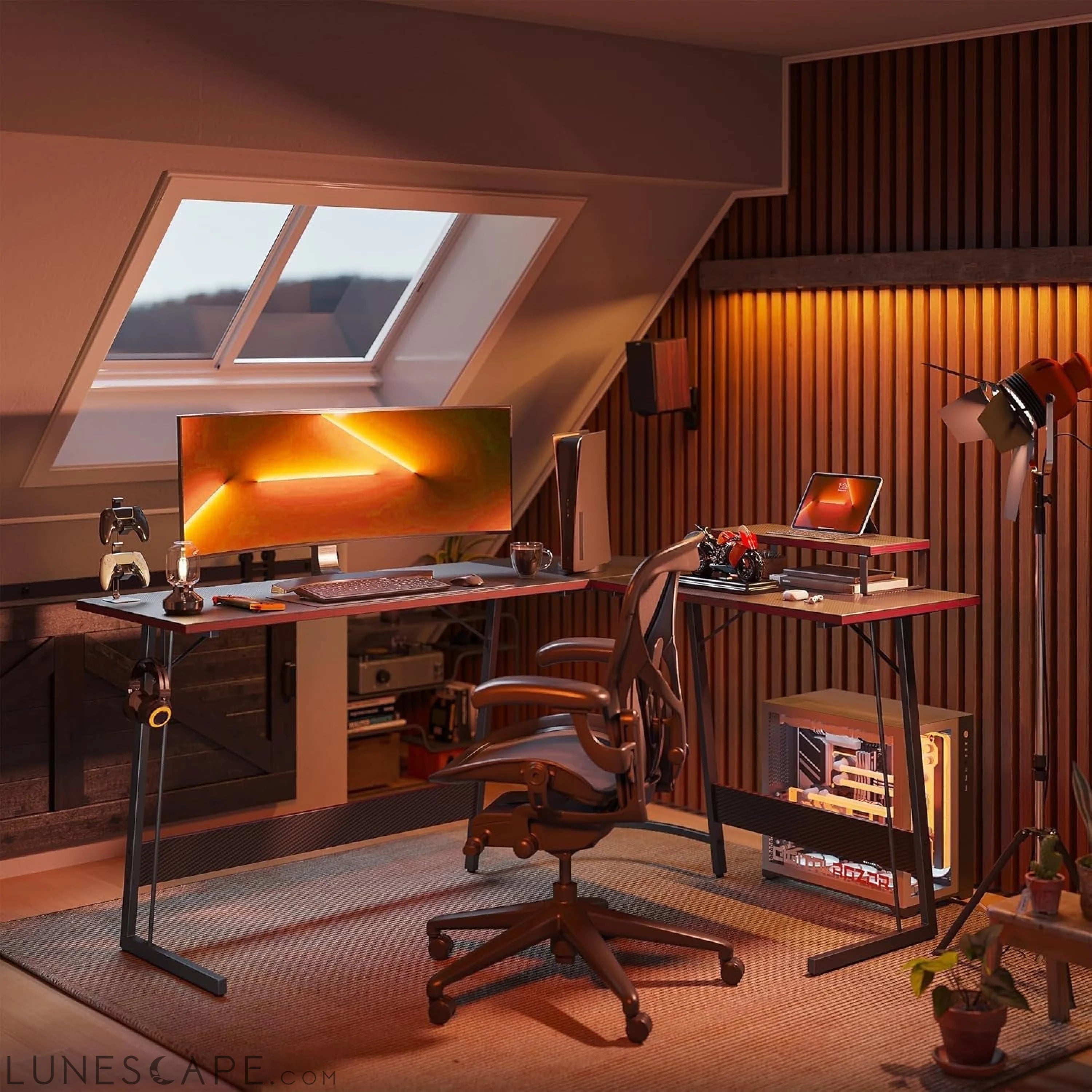 L Shaped Desk, Computer Corner Desk, Gaming Desk with Monitor Stand, LUNESCAPE