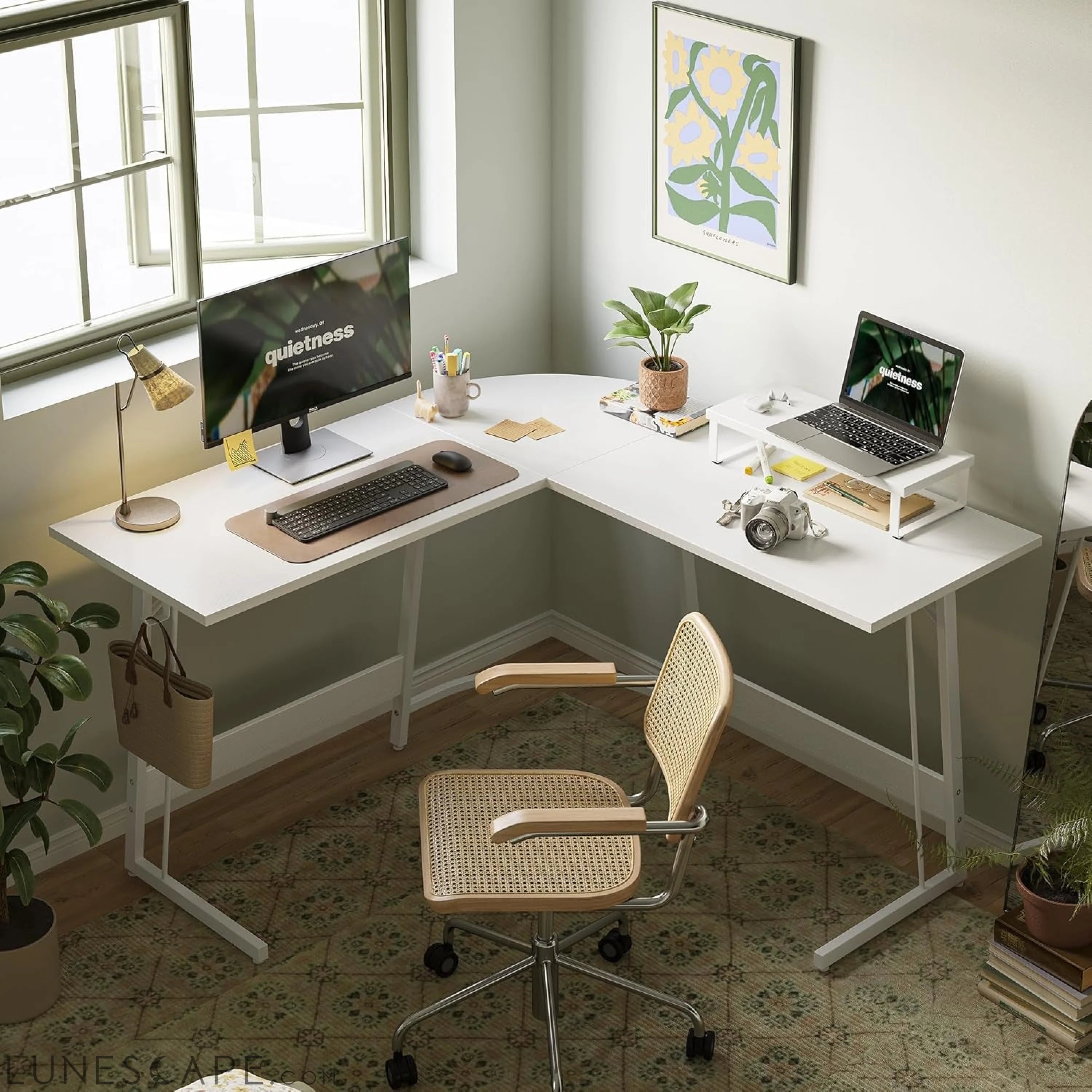 L Shaped Desk, Computer Corner Desk, Gaming Desk with Monitor Stand, LUNESCAPE