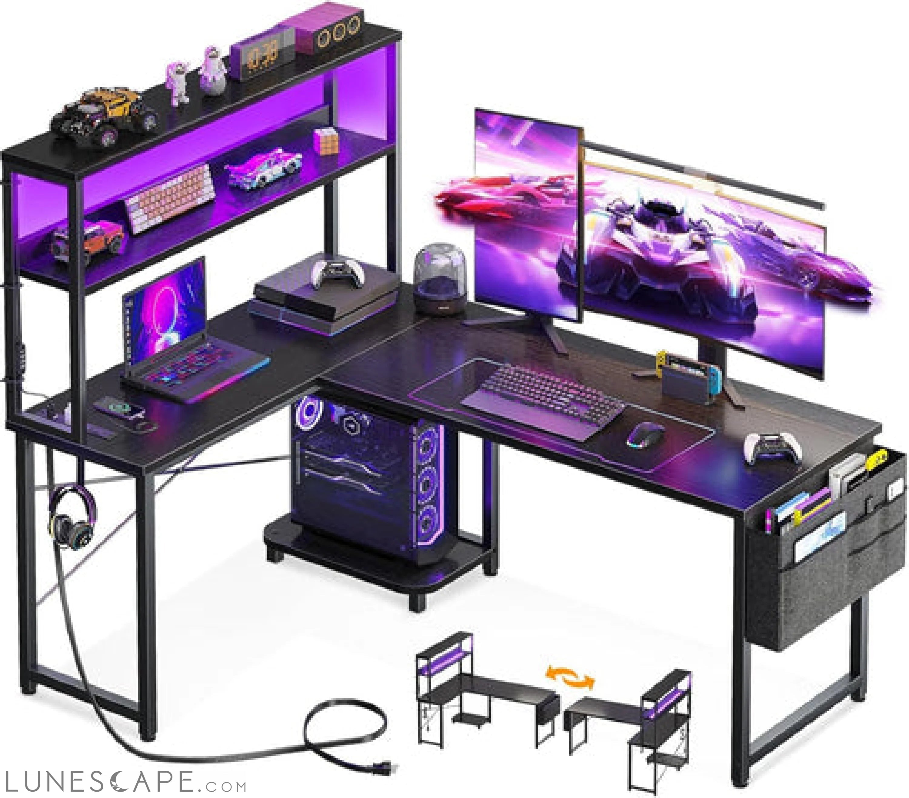 L Shaped Desk Gaming Desk with LED Light & Power Outlet, 53 Inch LUNESCAPE