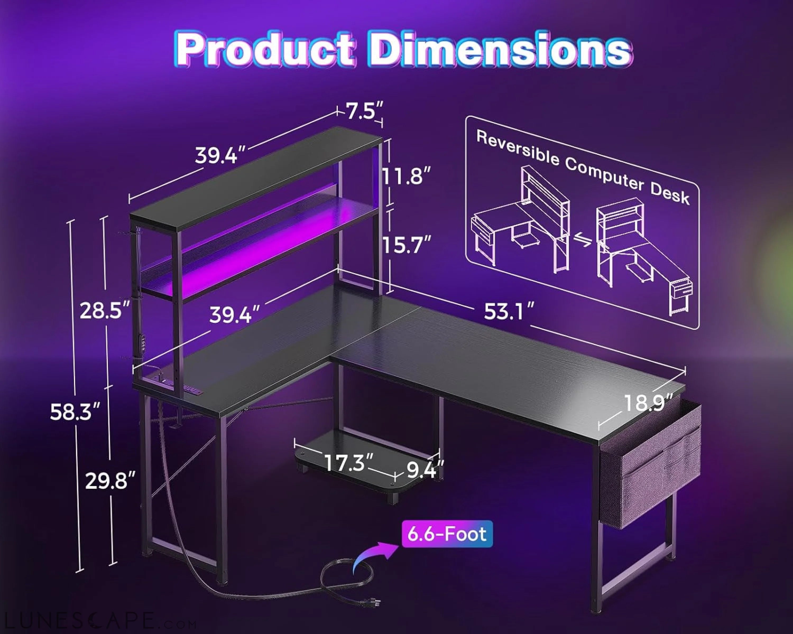 L Shaped Desk Gaming Desk with LED Light & Power Outlet, 53 Inch LUNESCAPE
