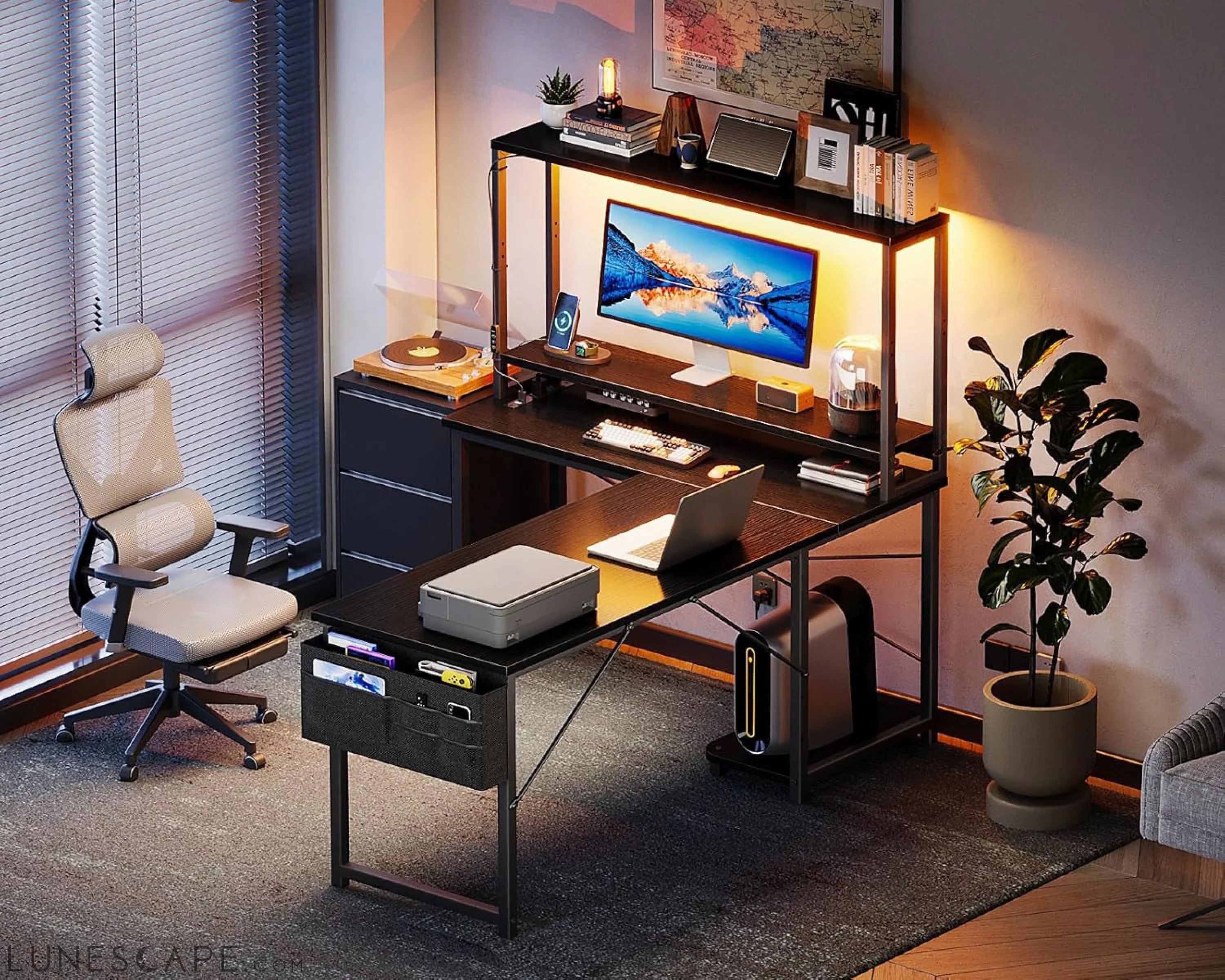 L Shaped Desk Gaming Desk with LED Light & Power Outlet, 53 Inch LUNESCAPE