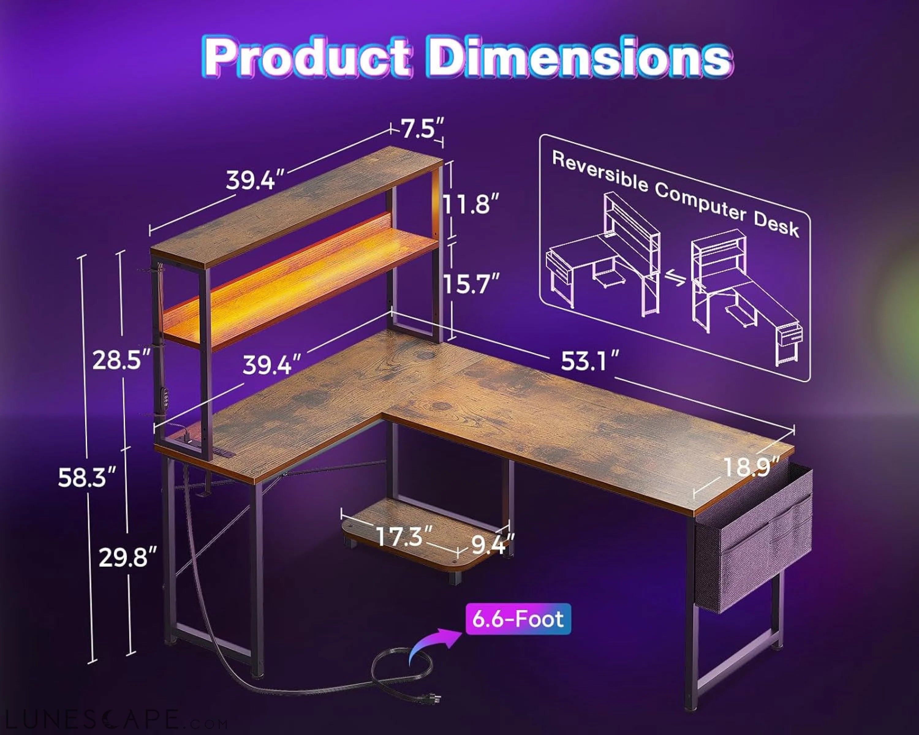 L Shaped Desk Gaming Desk with LED Light & Power Outlet, 53 Inch LUNESCAPE