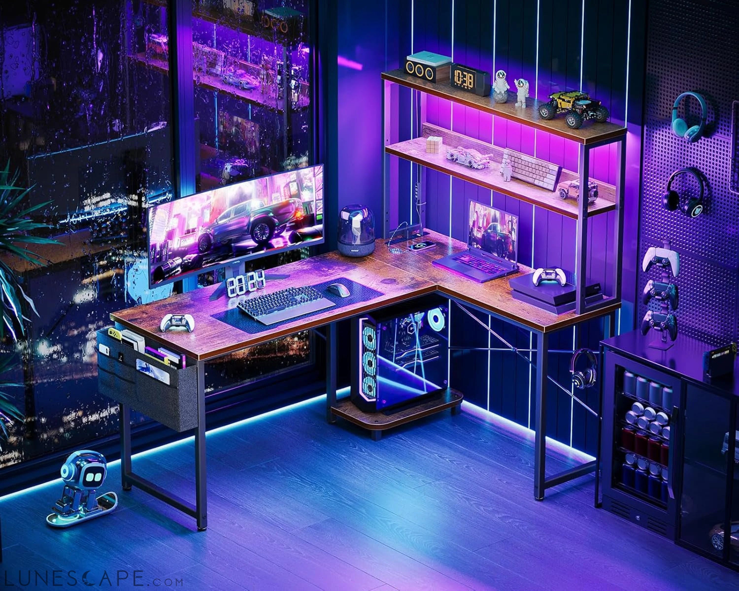 L Shaped Desk Gaming Desk with LED Light & Power Outlet, 53 Inch LUNESCAPE