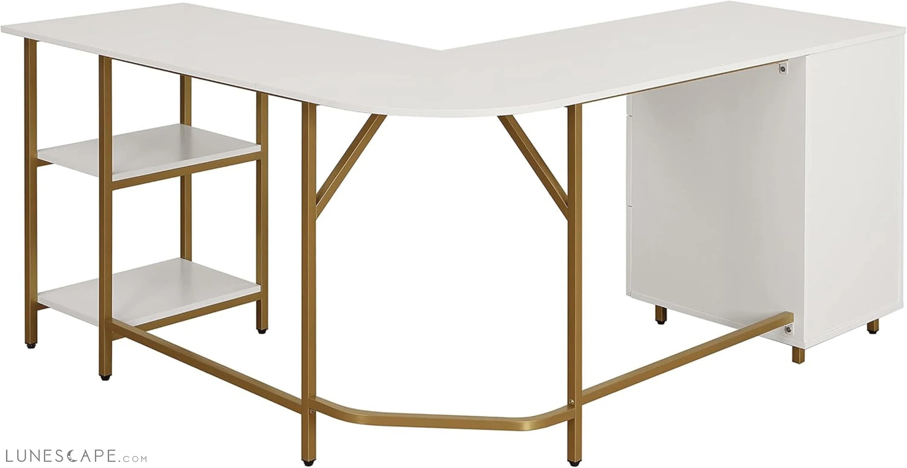 L Shaped Desk - Two-Toned Computer Desk with Drawers & Storage Shelves LUNESCAPE