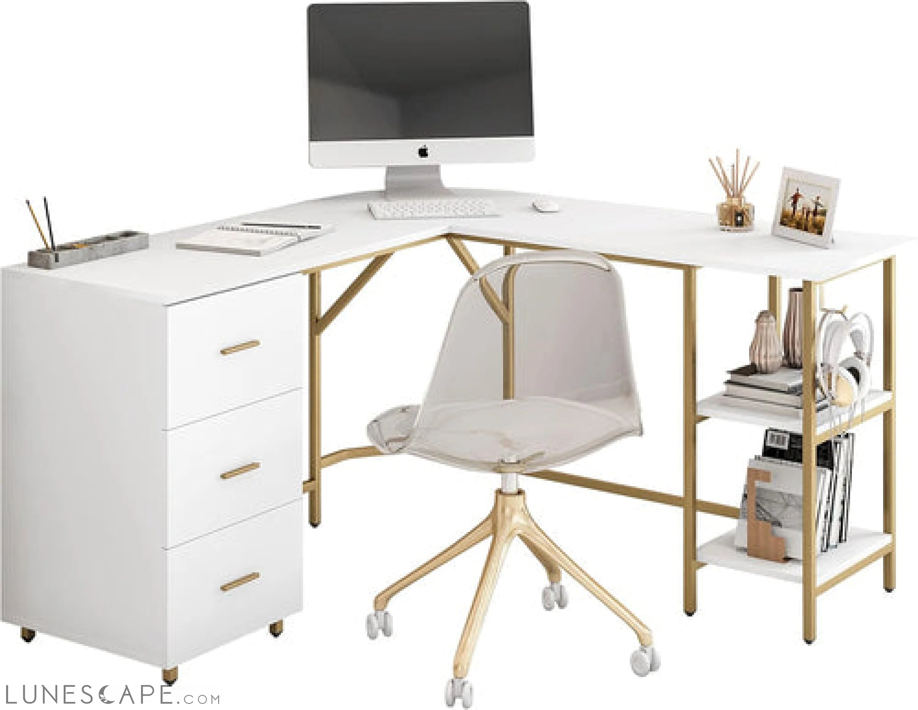 L Shaped Desk - Two-Toned Computer Desk with Drawers & Storage Shelves LUNESCAPE