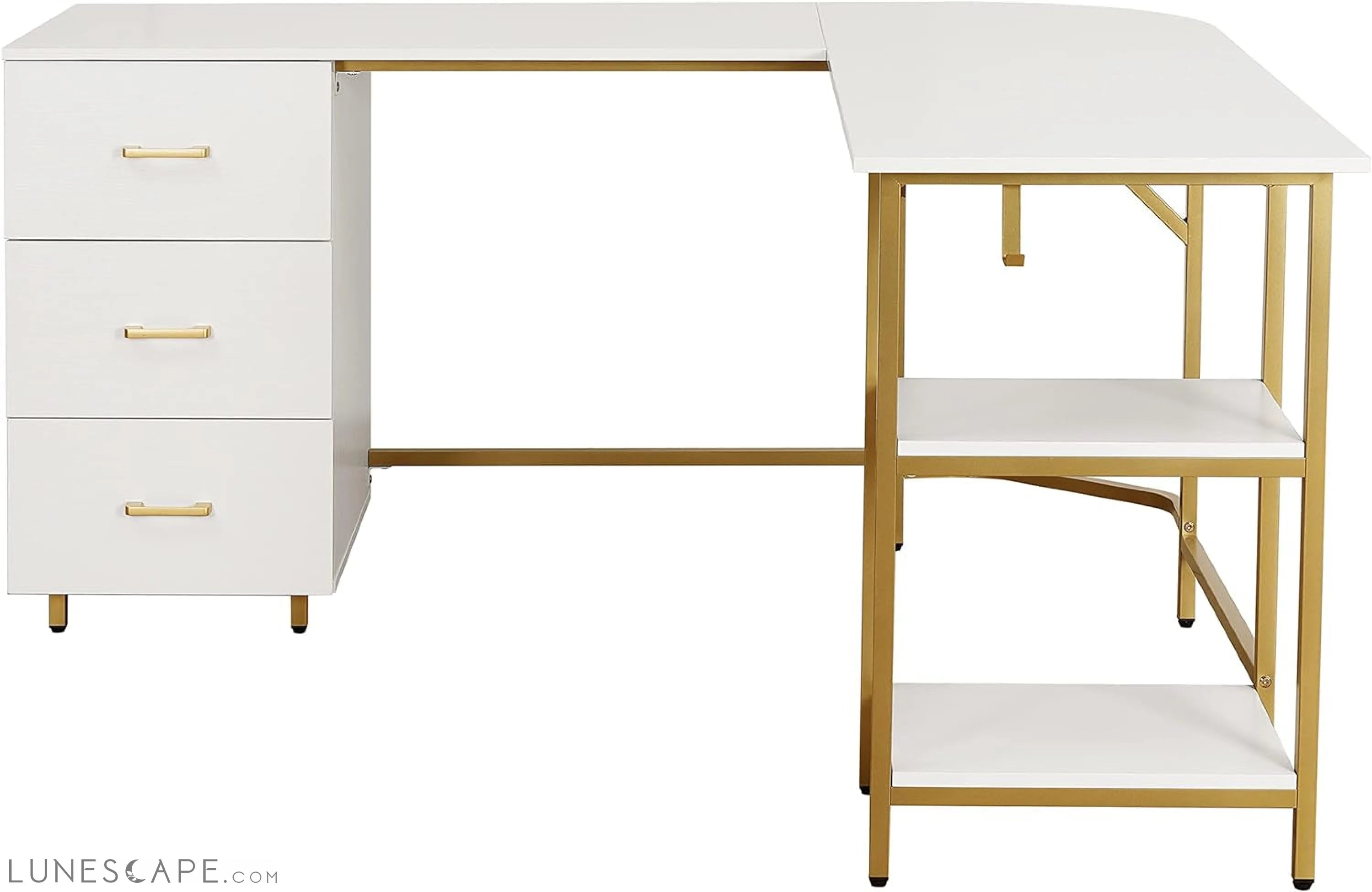 L Shaped Desk - Two-Toned Computer Desk with Drawers & Storage Shelves LUNESCAPE