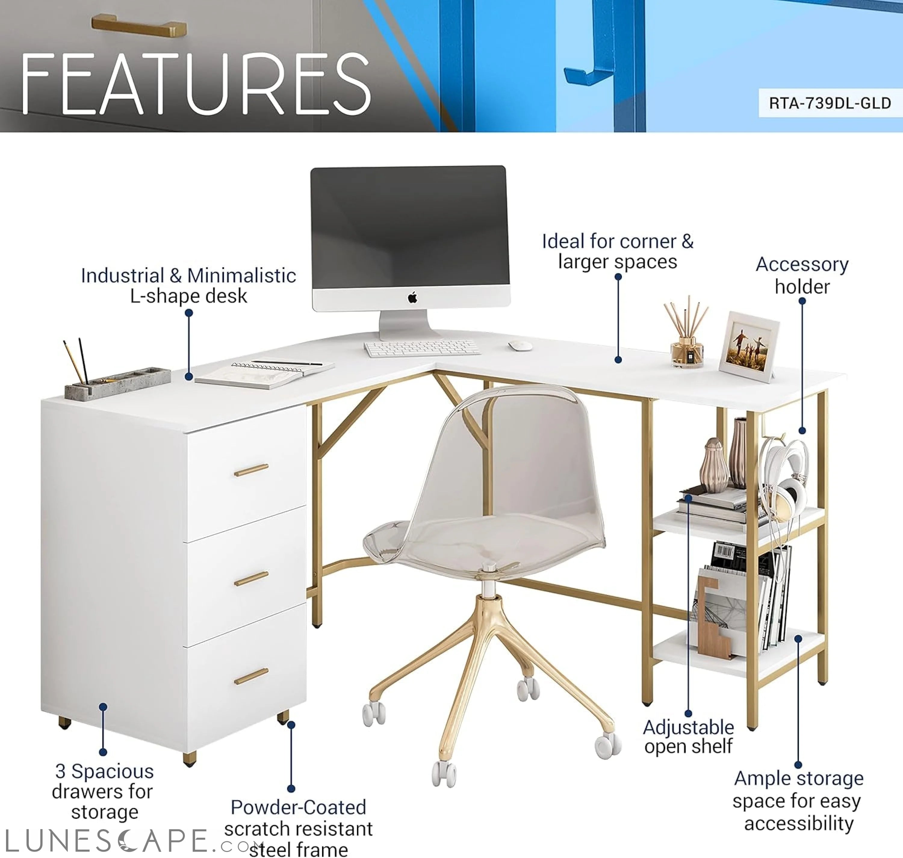 L Shaped Desk - Two-Toned Computer Desk with Drawers & Storage Shelves LUNESCAPE