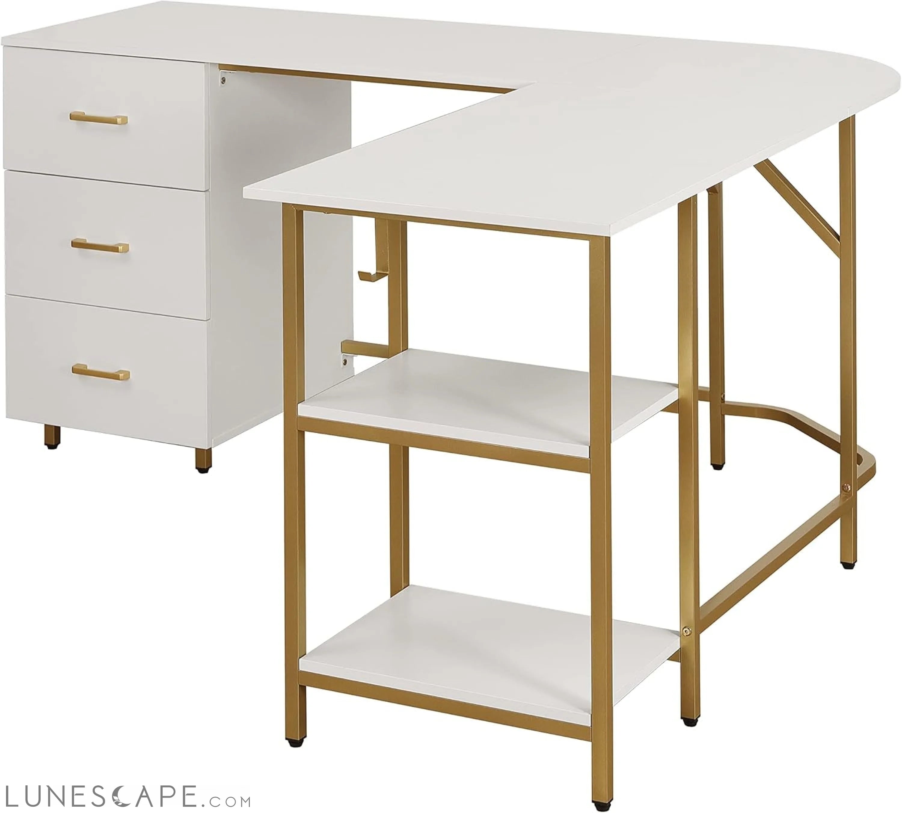 L Shaped Desk - Two-Toned Computer Desk with Drawers & Storage Shelves LUNESCAPE