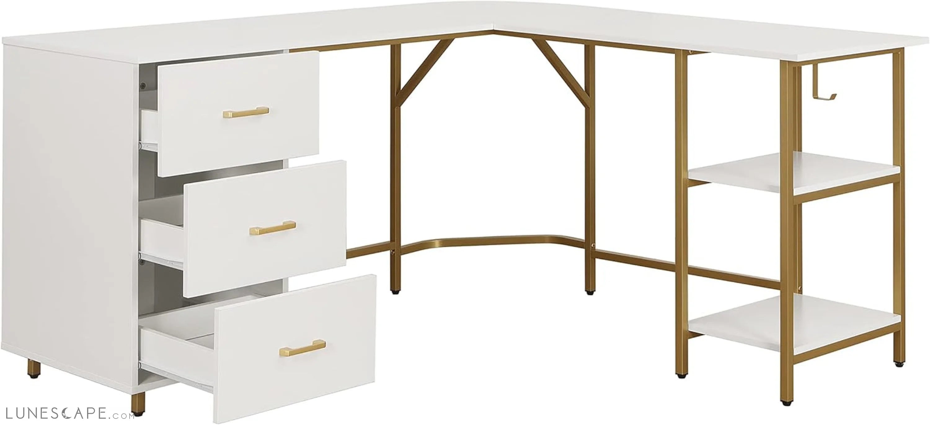 L Shaped Desk - Two-Toned Computer Desk with Drawers & Storage Shelves LUNESCAPE