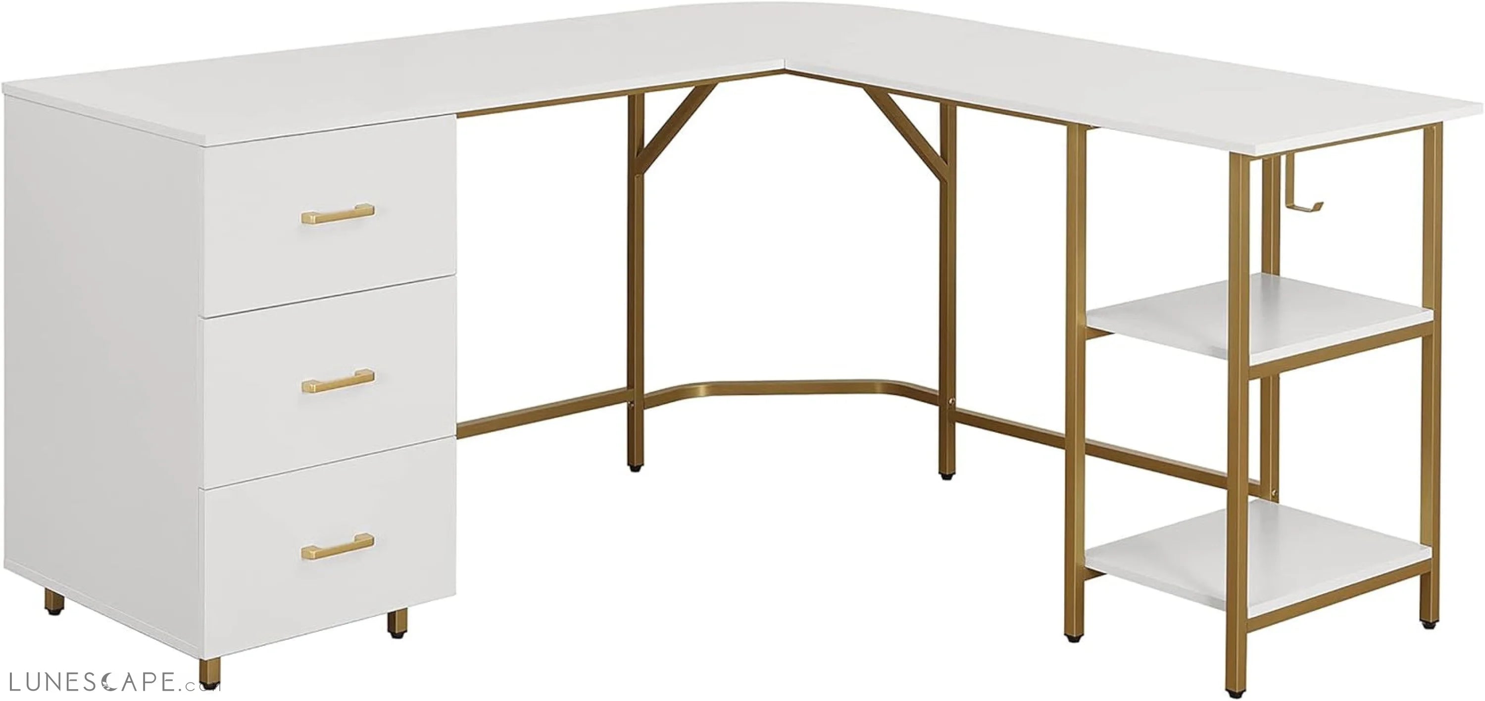 L Shaped Desk - Two-Toned Computer Desk with Drawers & Storage Shelves LUNESCAPE